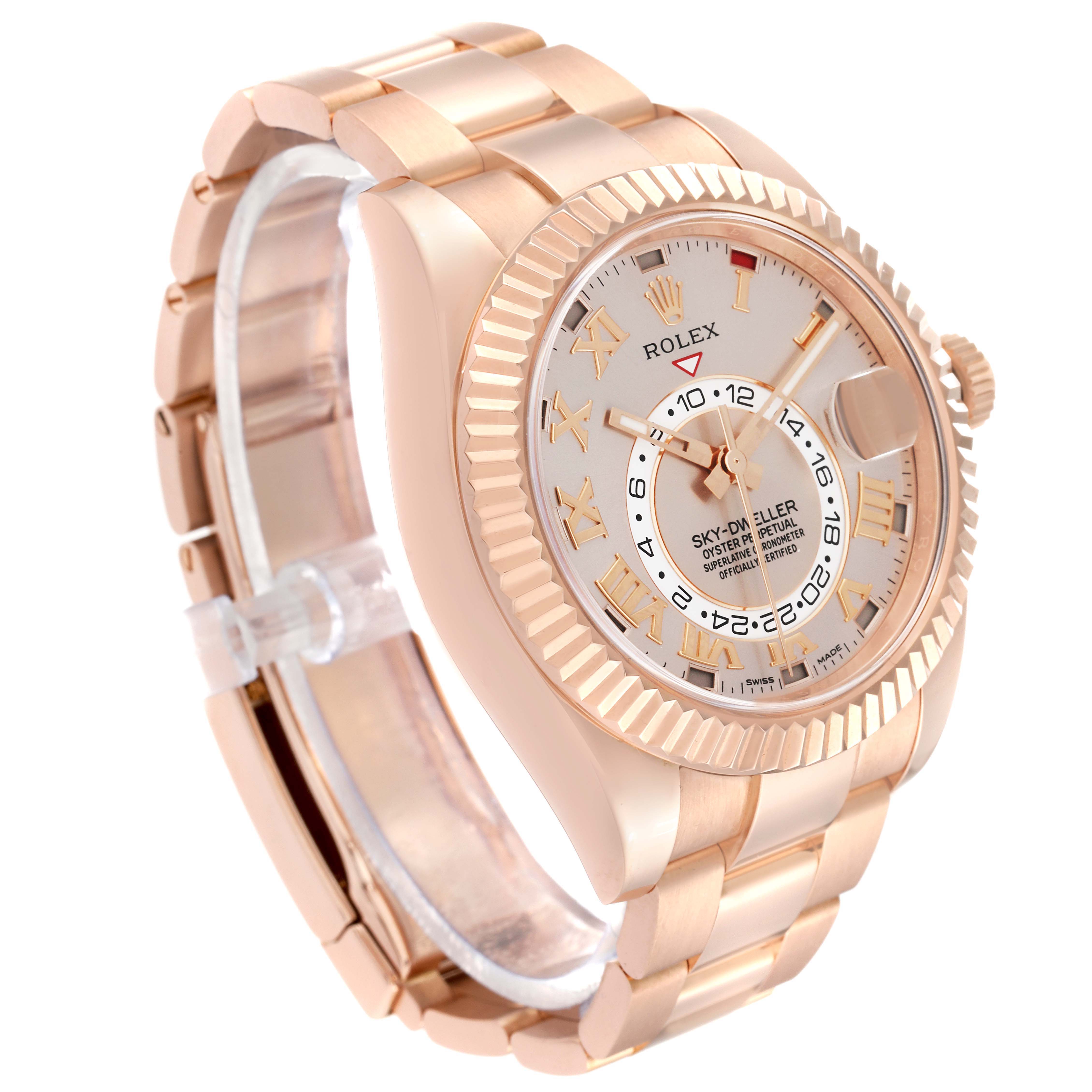 The image shows a side angle view of a Rolex Sky-Dweller 326935 Men's Rose Gold Pink Dial 326935 Men's Rose Gold Pink Dial watch, highlighting the face, bezel, crown, and bracelet.