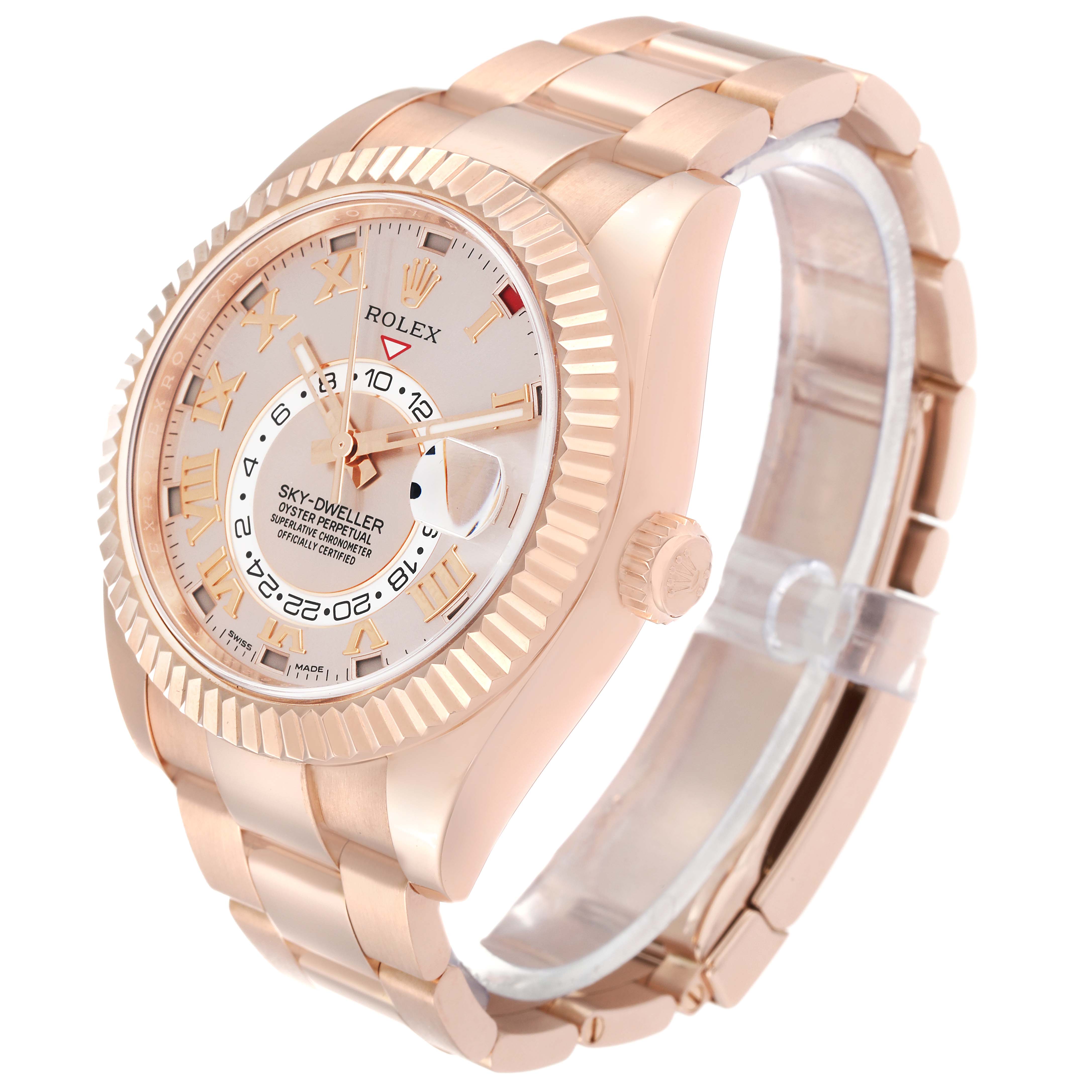 The Rolex Sky-Dweller 326935 Men's Rose Gold Pink Dial 326935 Men's Rose Gold Pink Dial watch is shown at a three-quarter angle highlighting the dial, bezel, case, and bracelet.