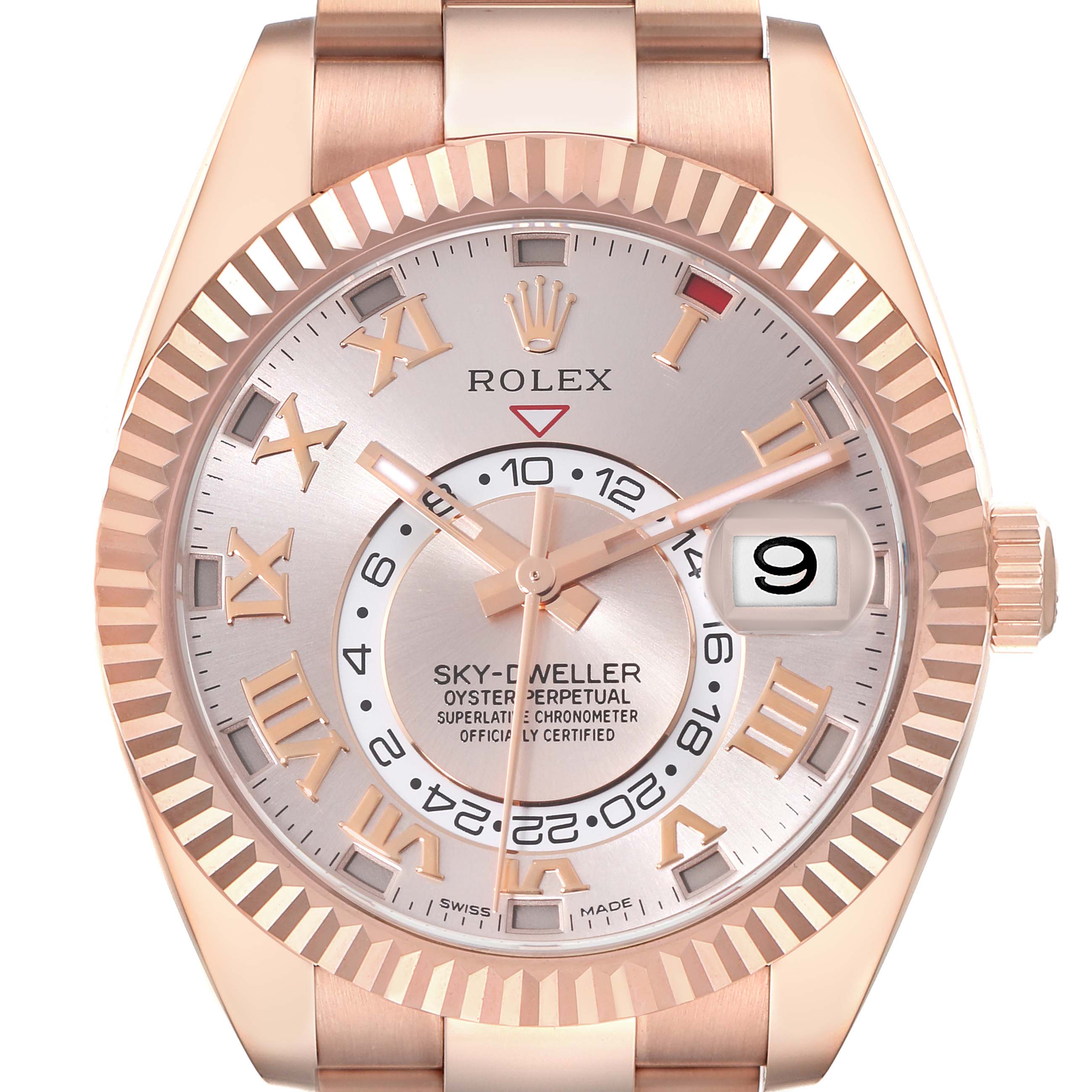 This image shows a close-up, front view of the Rolex Sky-Dweller 326935 Men's Rose Gold Pink Dial 326935 Men's Rose Gold Pink Dial watch, highlighting its face, hands, and date window.