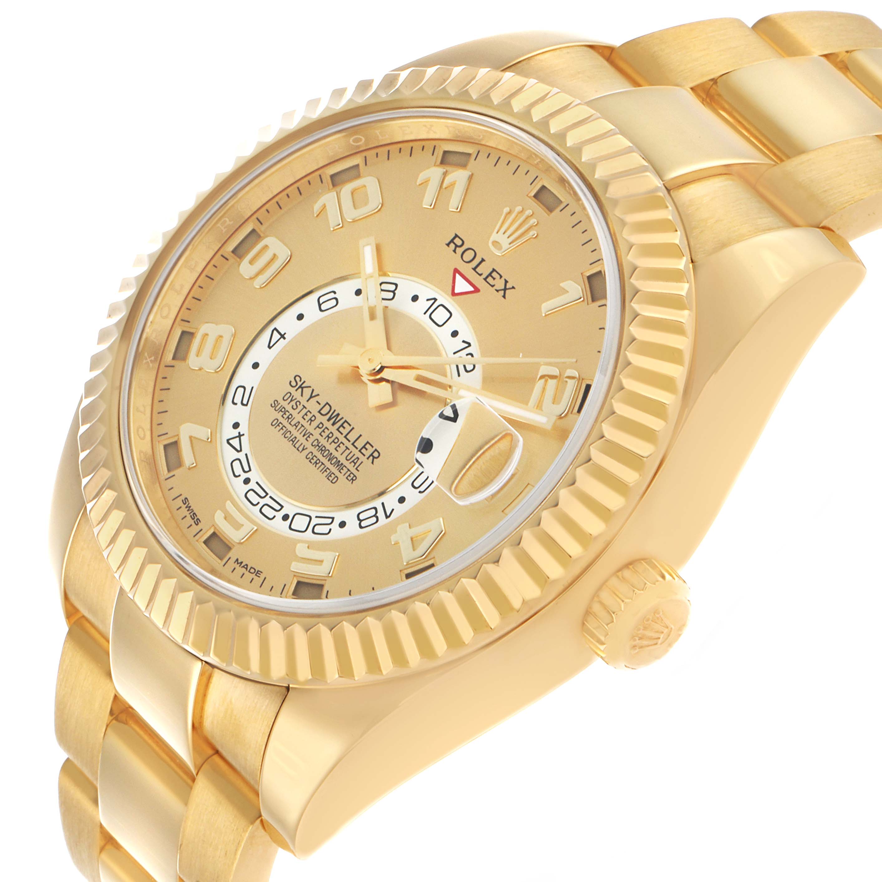 The Rolex Sky-Dweller 326938 Men's Yellow Gold Champagne Dial watch is shown at a three-quarter angle, highlighting the face, bezel, crown, and part of the bracelet.