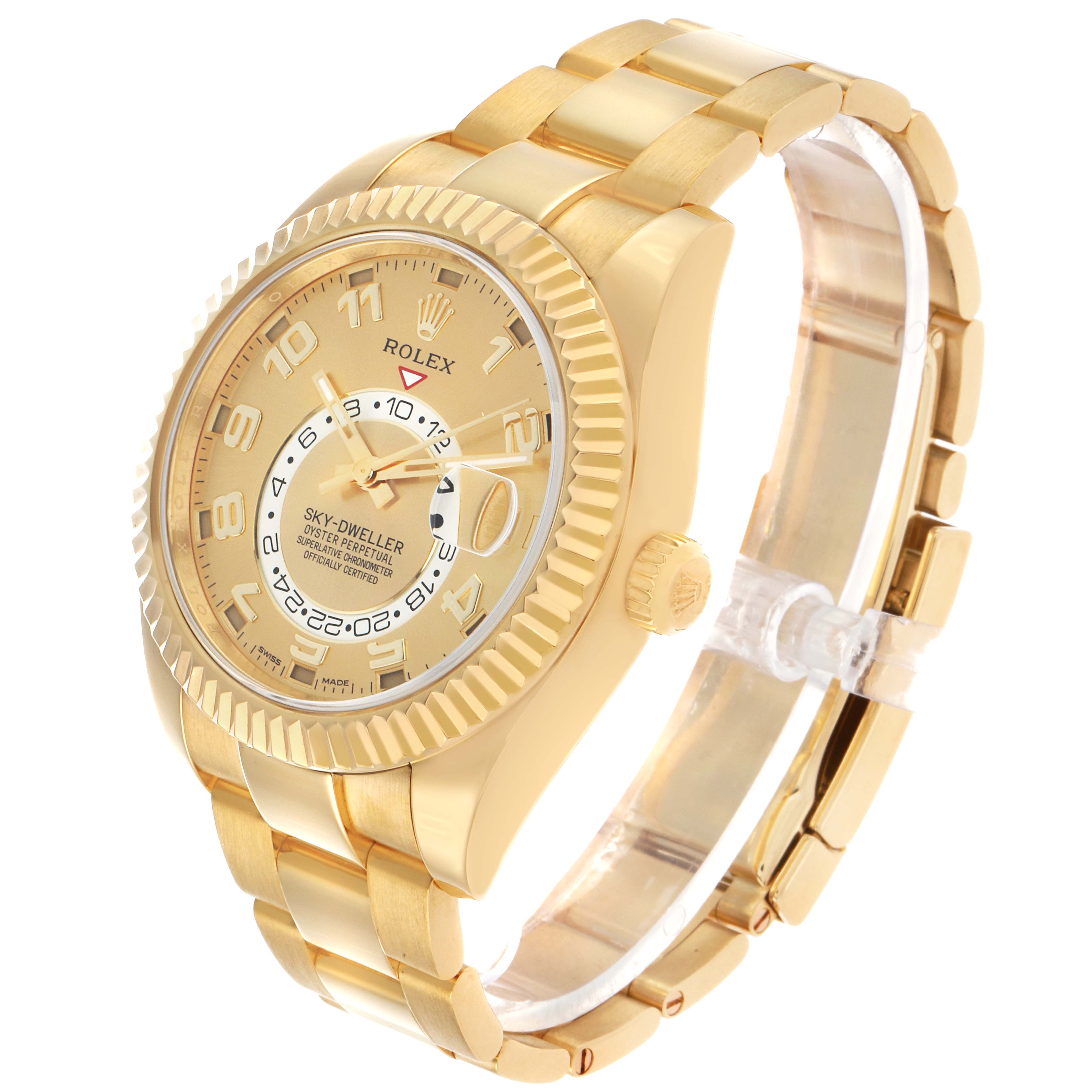 The Rolex Sky-Dweller 326938 Men's Yellow Gold Champagne Dial watch is shown at a three-quarter angle, displaying its gold case, dial, bezel, and bracelet.
