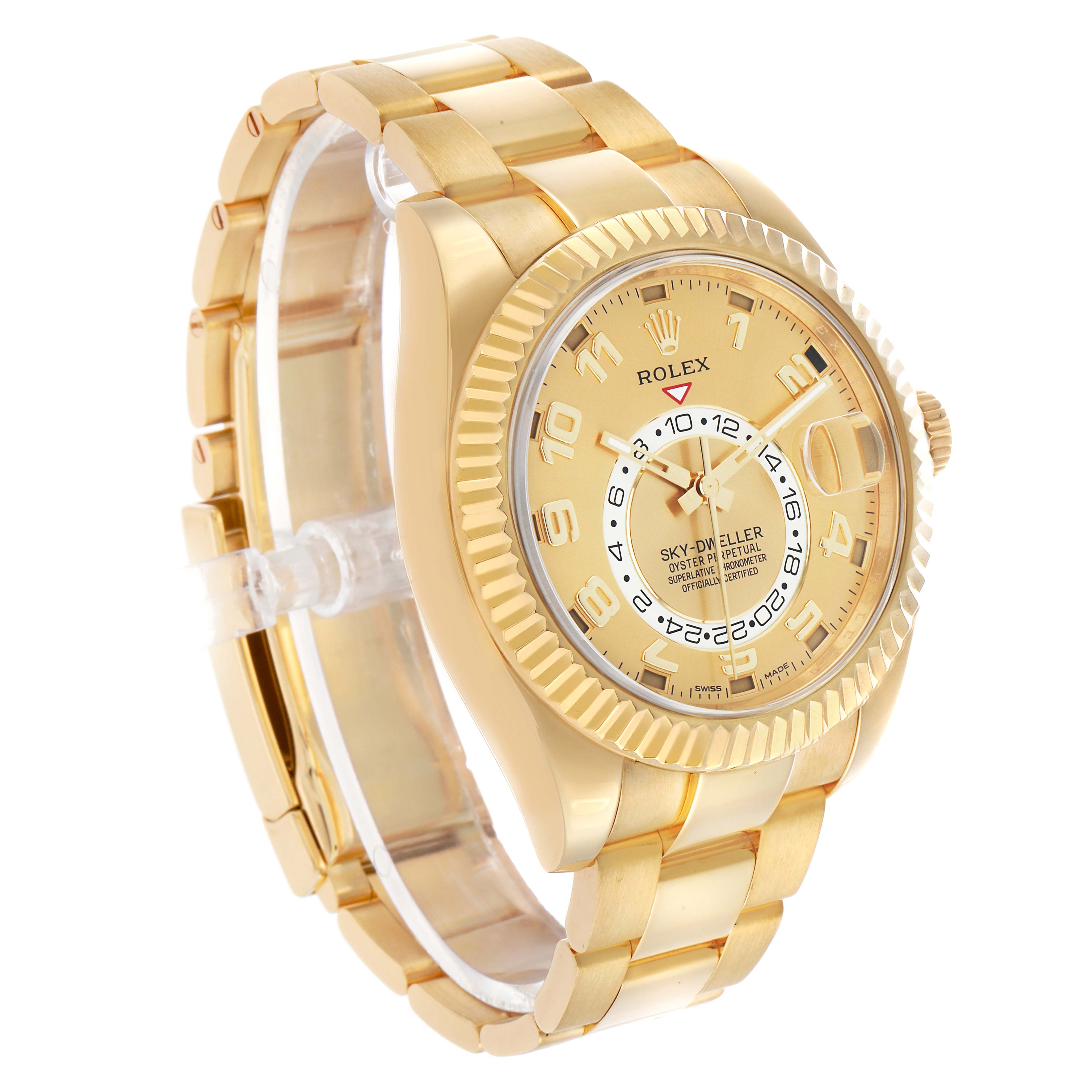 The Rolex Sky-Dweller 326938 Men's Yellow Gold Champagne Dial watch is shown from a side angle, highlighting the dial, bezel, and bracelet.