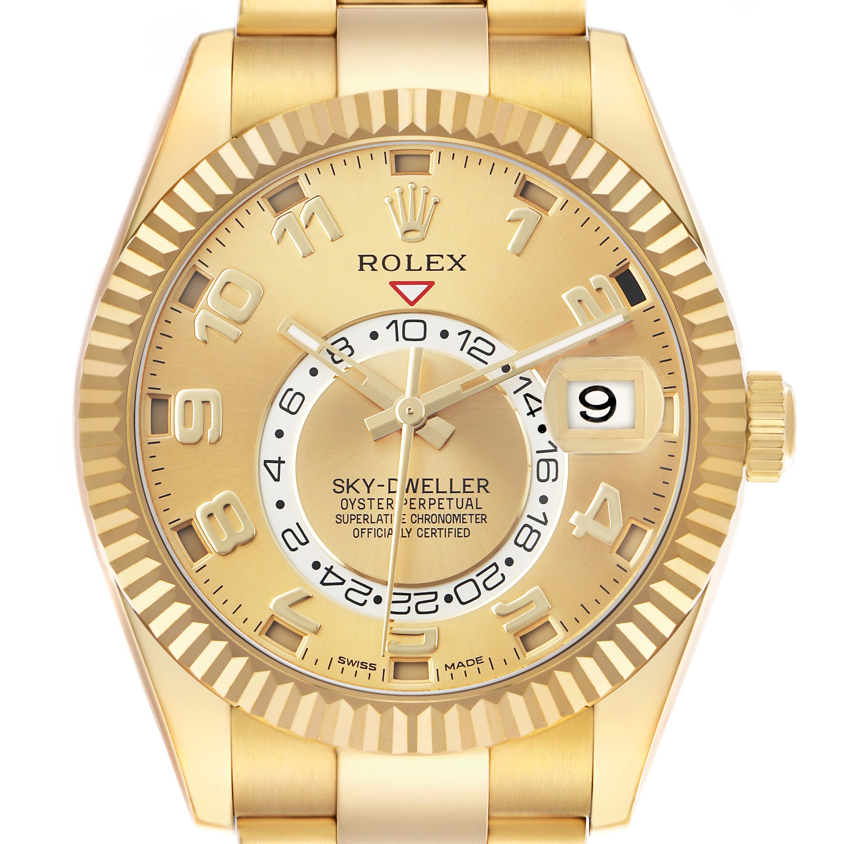 The image shows a front view of the Rolex Sky-Dweller 326938 Men's Yellow Gold Champagne Dial watch, highlighting the dial, bezel, crown, and bracelet.