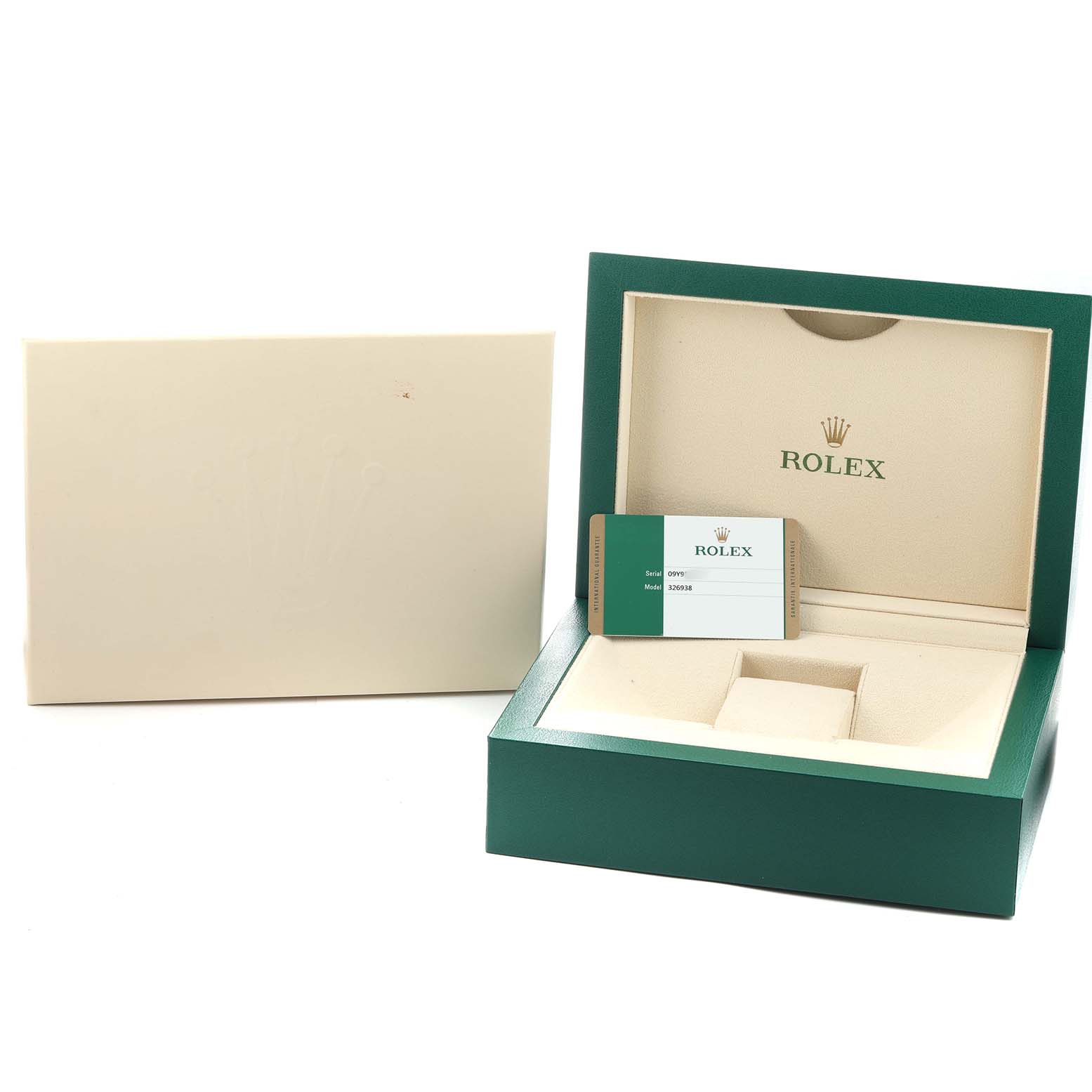 The image shows an open green box for the Rolex Sky-Dweller 326938 Men's Yellow Gold Champagne Dial, displaying its interior and an authenticity card.