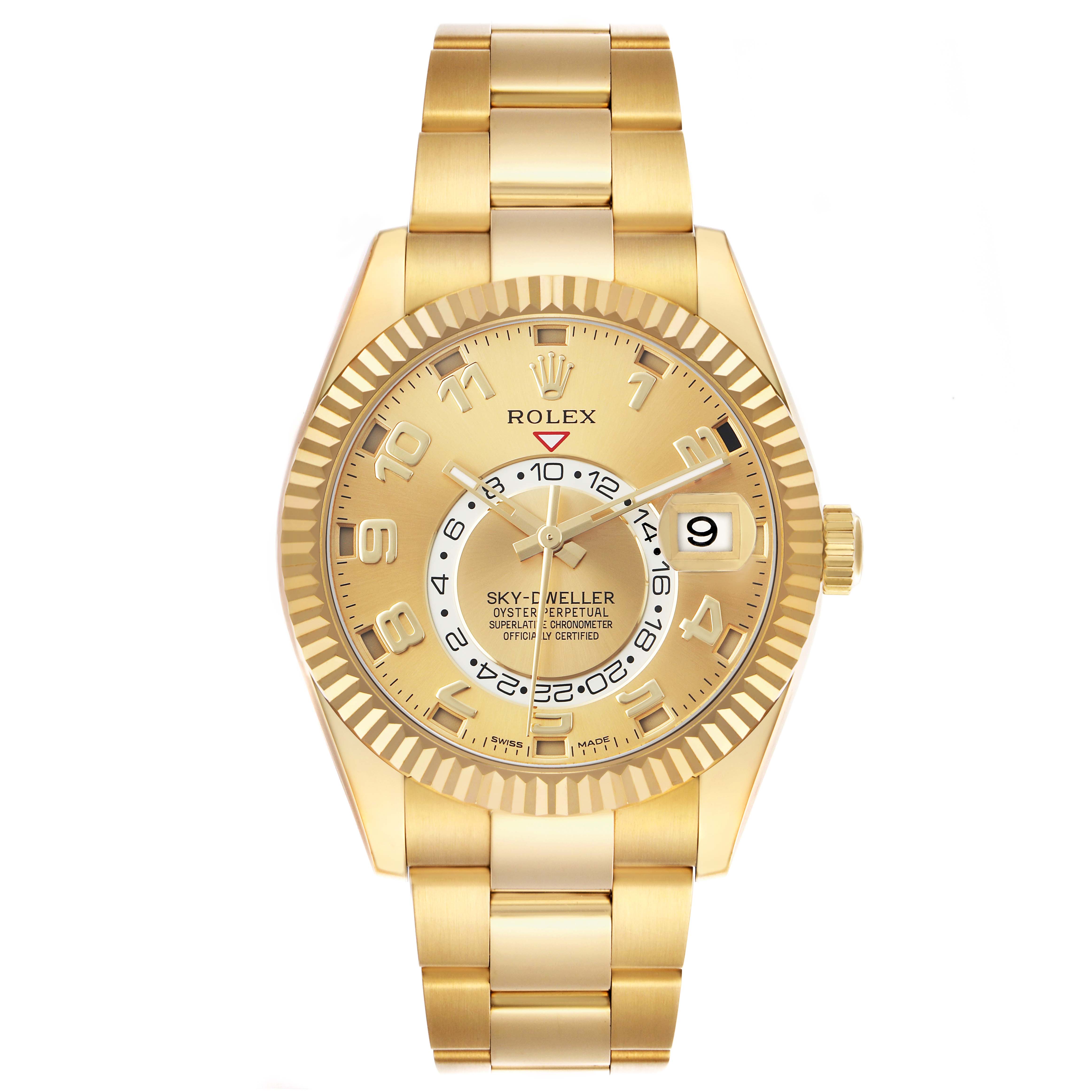 The Rolex Sky-Dweller 326938 Men's Yellow Gold Champagne Dial watch is shown from the front, displaying its gold dial, bezel, and bracelet.
