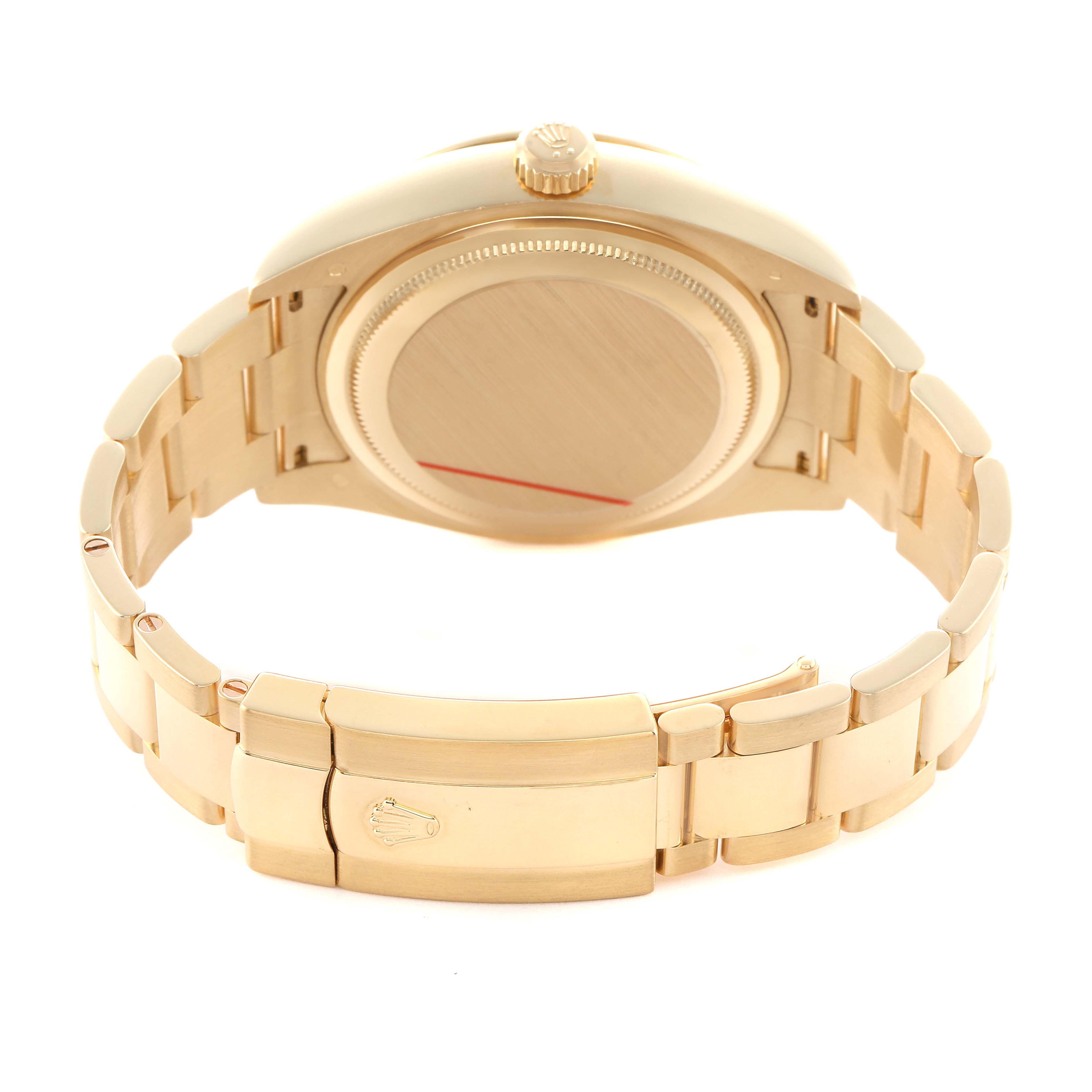 The image shows the back of the Rolex Sky-Dweller 326938 Men's Yellow Gold Champagne Dial watch, highlighting the clasp and case back at a slightly elevated angle.