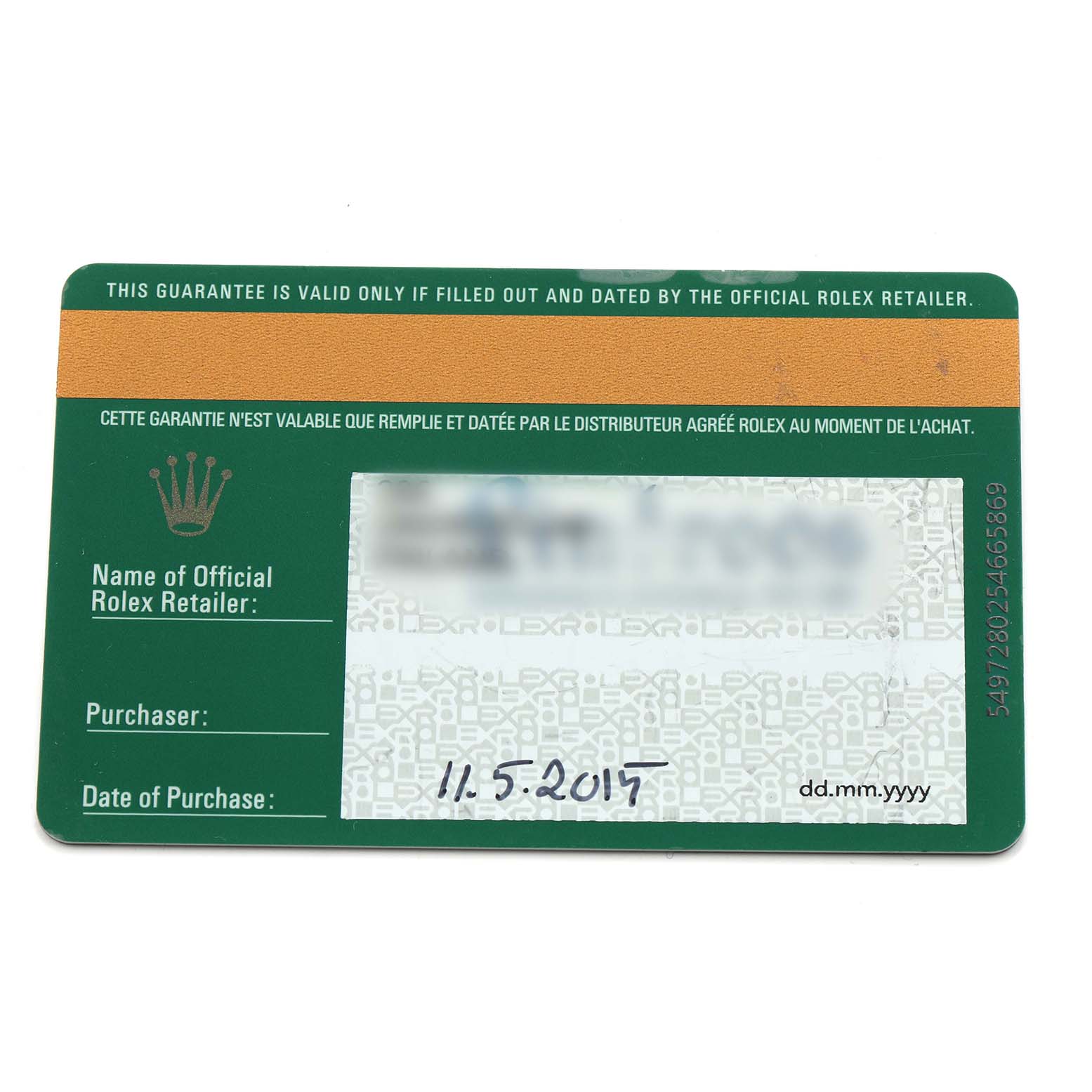 The image shows a warranty card for a Rolex Sky-Dweller 326938 Men's Yellow Gold Champagne Dial, viewed from the front with the date of purchase visible.