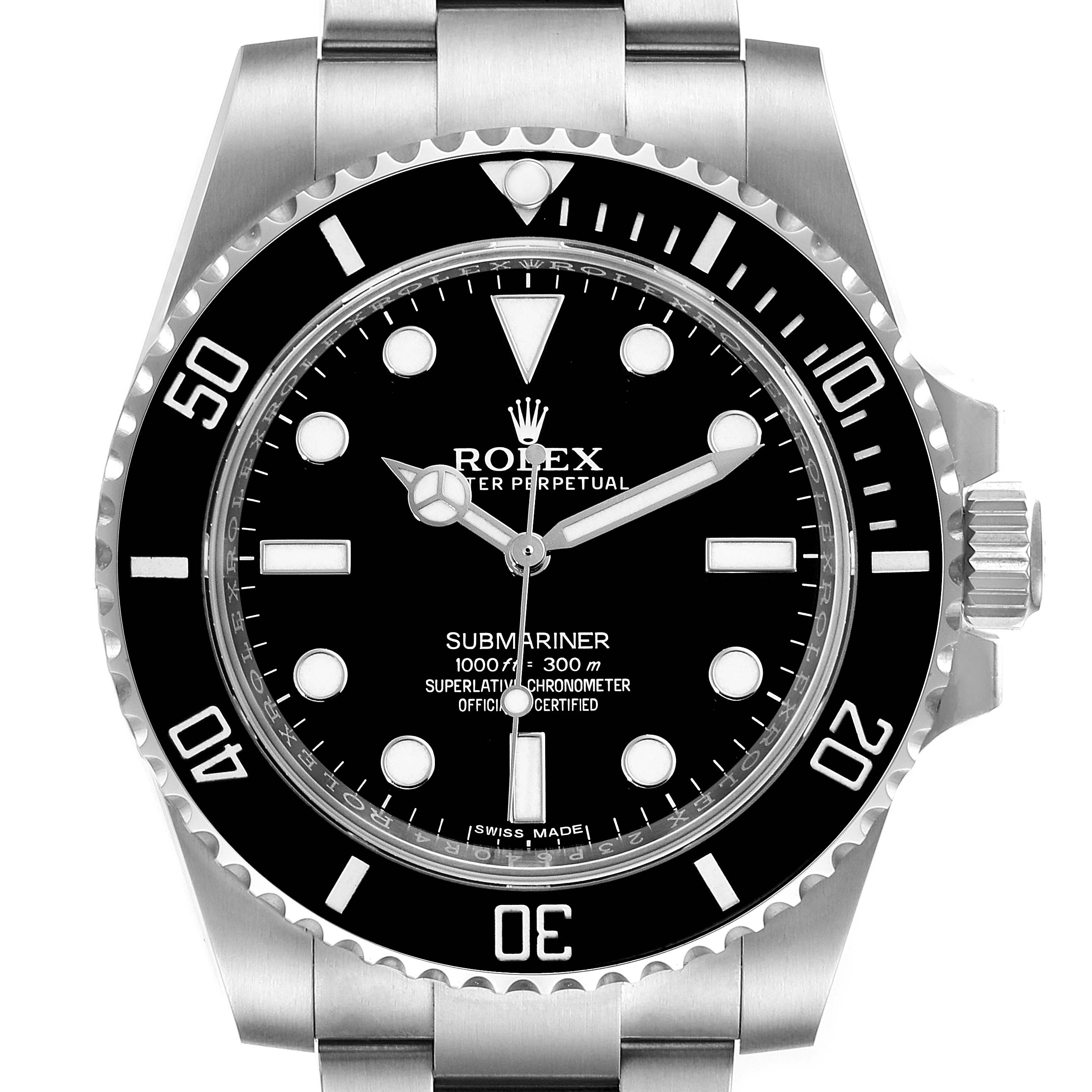 The image shows the face and bezel of the Rolex Submariner 114060 Men
s Stainless Steel Black Dial 114060 Men
s Stainless Steel Black Dial watch, including the dial, hands, and bracelet attachment.