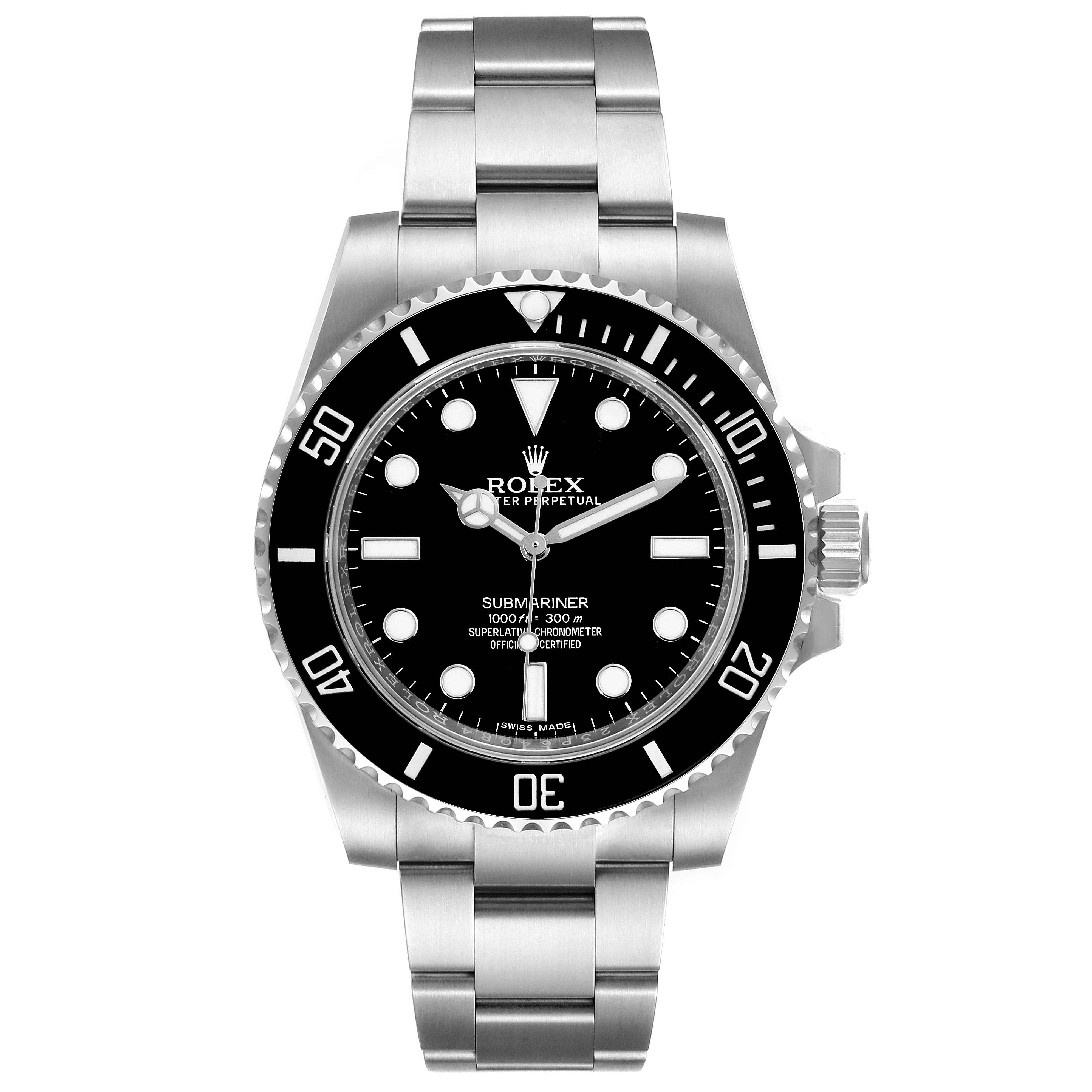 The image shows a front view of a Rolex Submariner 114060 Men
s Stainless Steel Black Dial 114060 Men
s Stainless Steel Black Dial watch, highlighting the dial, bezel, and bracelet.