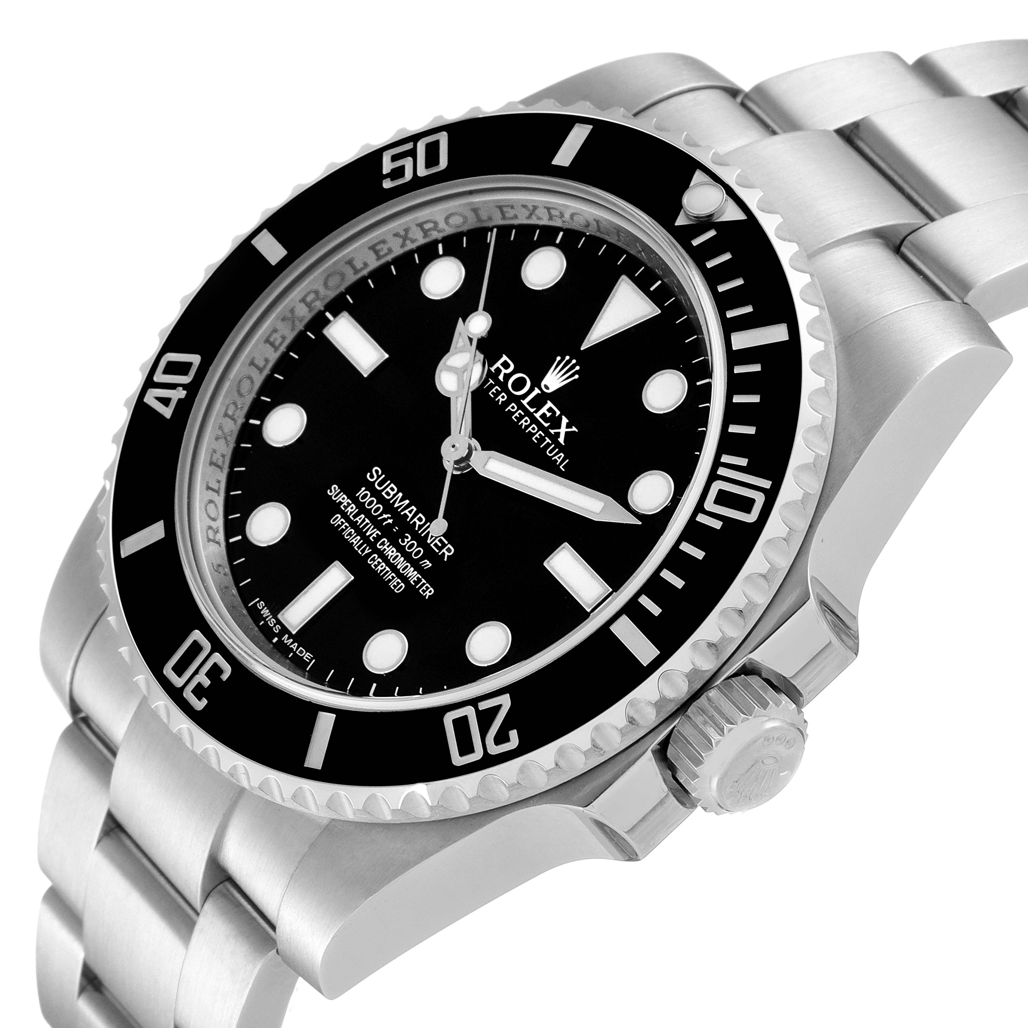 The image shows a Rolex Submariner 114060 Men
s Stainless Steel Black Dial 114060 Men
s Stainless Steel Black Dial watch at an angled close-up, highlighting the bezel, dial, crown, and part of the bracelet.