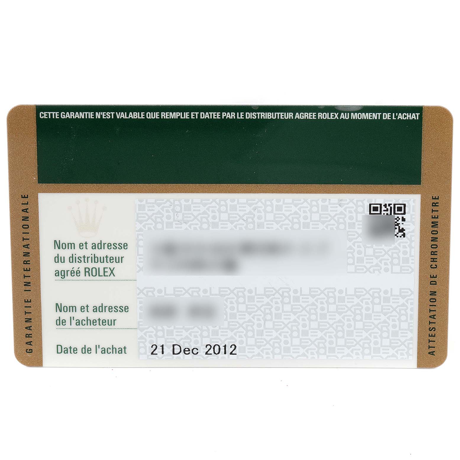 This image shows a warranty card for the Rolex Submariner 114060 Men
s Stainless Steel Black Dial 114060 Men
s Stainless Steel Black Dial watch model.