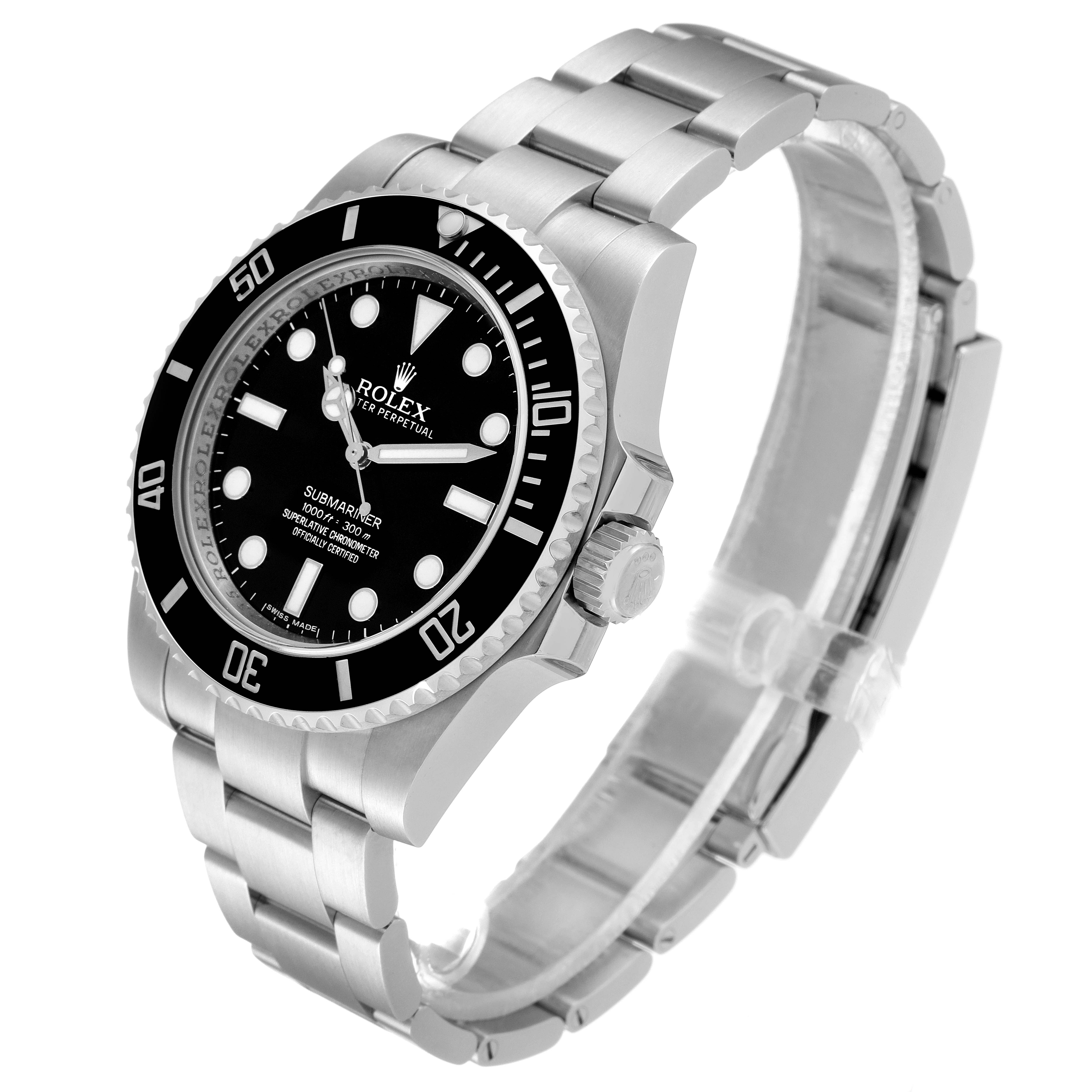 The image shows a Rolex Submariner 114060 Men
s Stainless Steel Black Dial 114060 Men
s Stainless Steel Black Dial watch at a three-quarter angle, highlighting its bezel, dial, crown, and bracelet.
