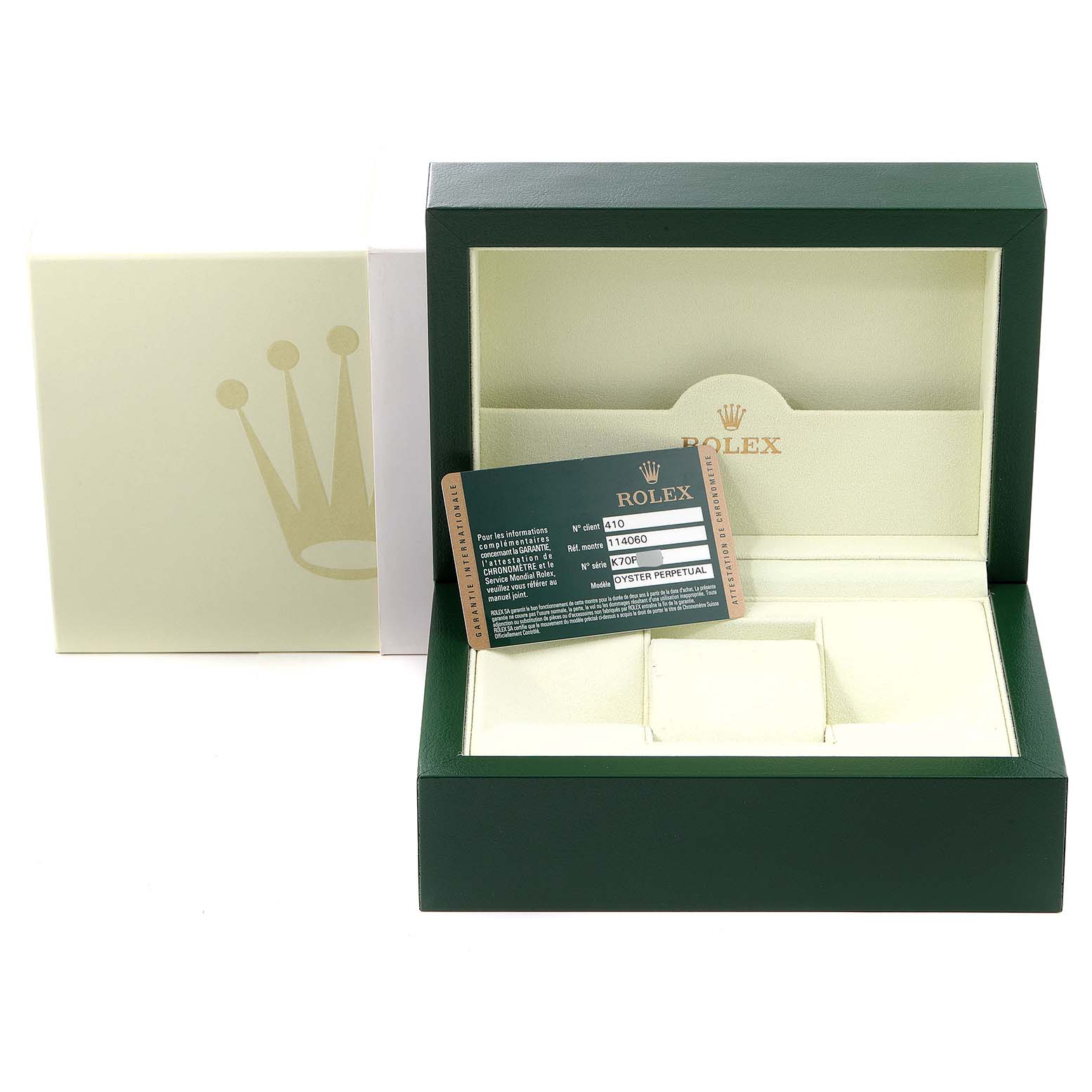 The image shows the box and warranty card for a Rolex Submariner 114060 Men
s Stainless Steel Black Dial 114060 Men
s Stainless Steel Black Dial watch.