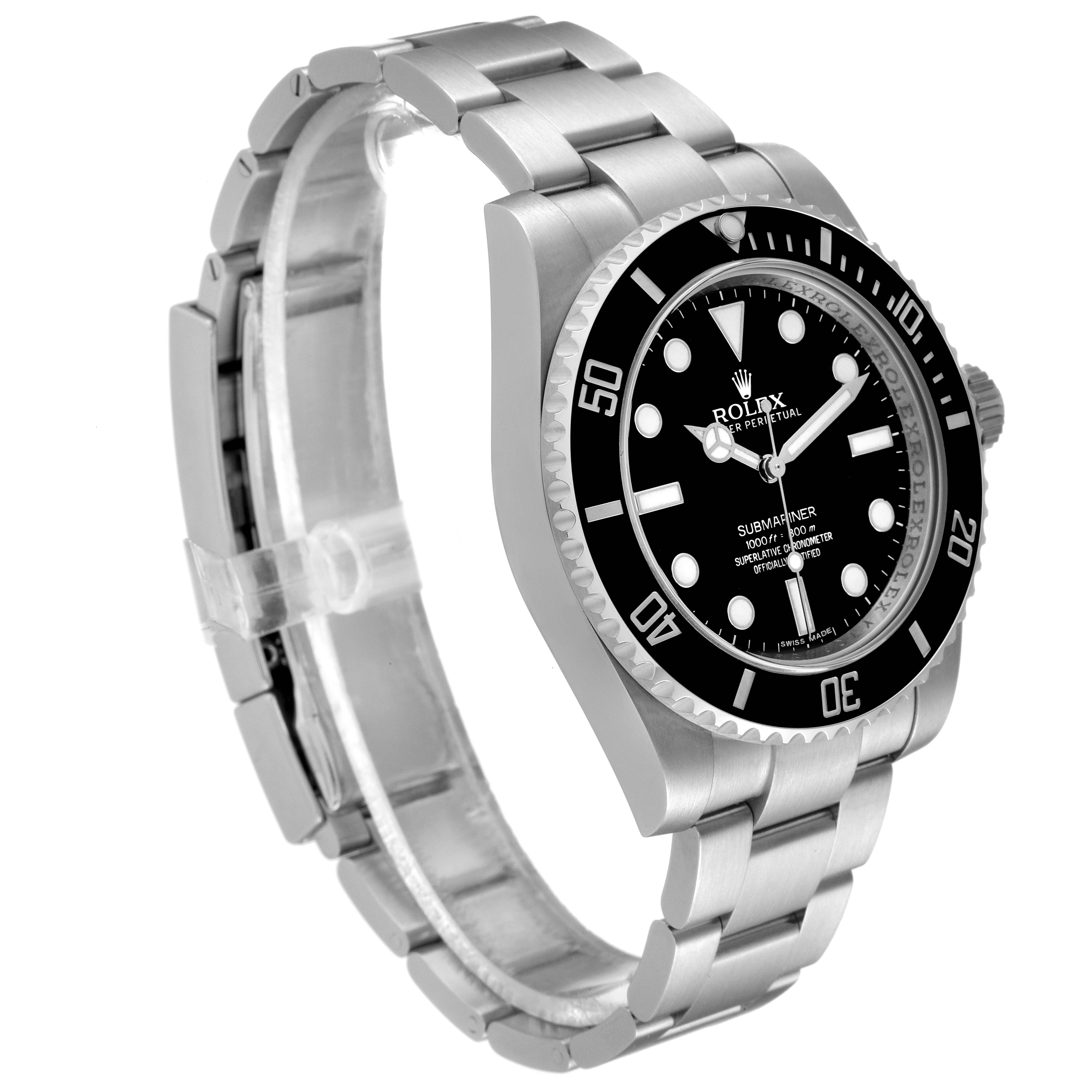The image shows a Rolex Submariner 114060 Men
s Stainless Steel Black Dial 114060 Men
s Stainless Steel Black Dial watch at a three-quarter angle, displaying its face, bezel, and part of the bracelet.