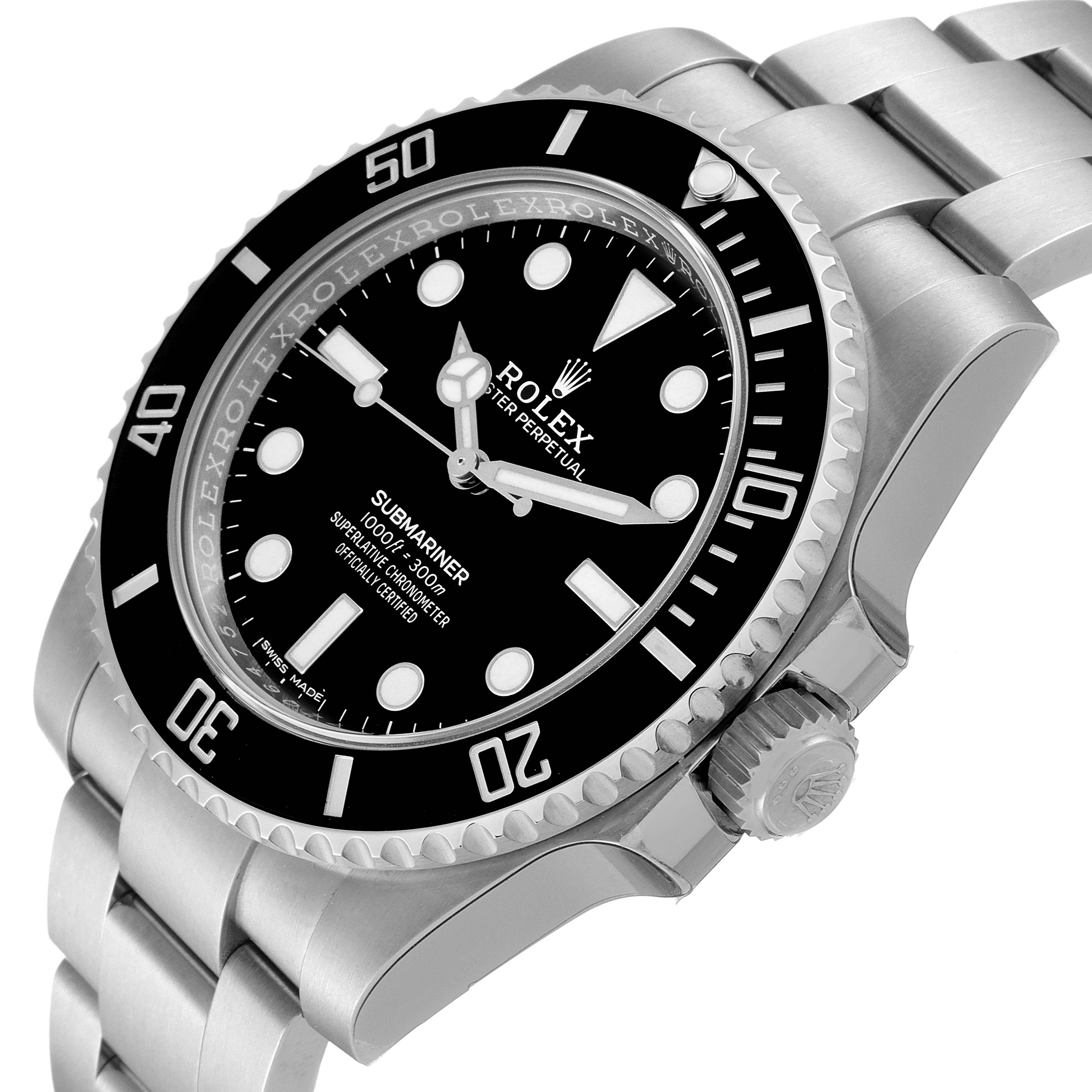 The image shows a Rolex Submariner 114060 Men
s Stainless Steel Black Dial 114060 Men
s Stainless Steel Black Dial watch at an angled close-up emphasizing the bezel, dial, and part of the bracelet.