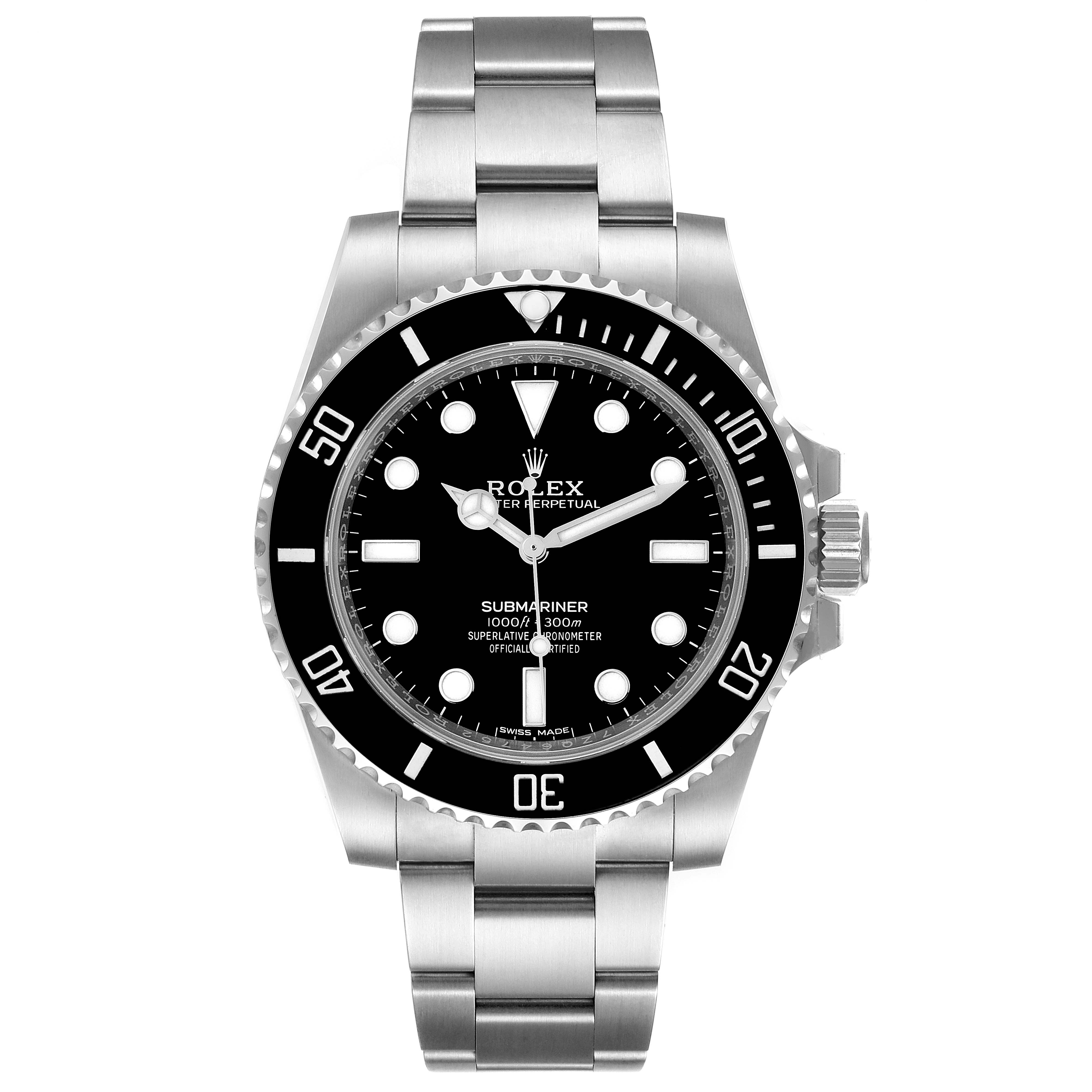 This image shows a front view of the Rolex Submariner 114060 Men
s Stainless Steel Black Dial 114060 Men
s Stainless Steel Black Dial watch, highlighting its face, bezel, and bracelet.