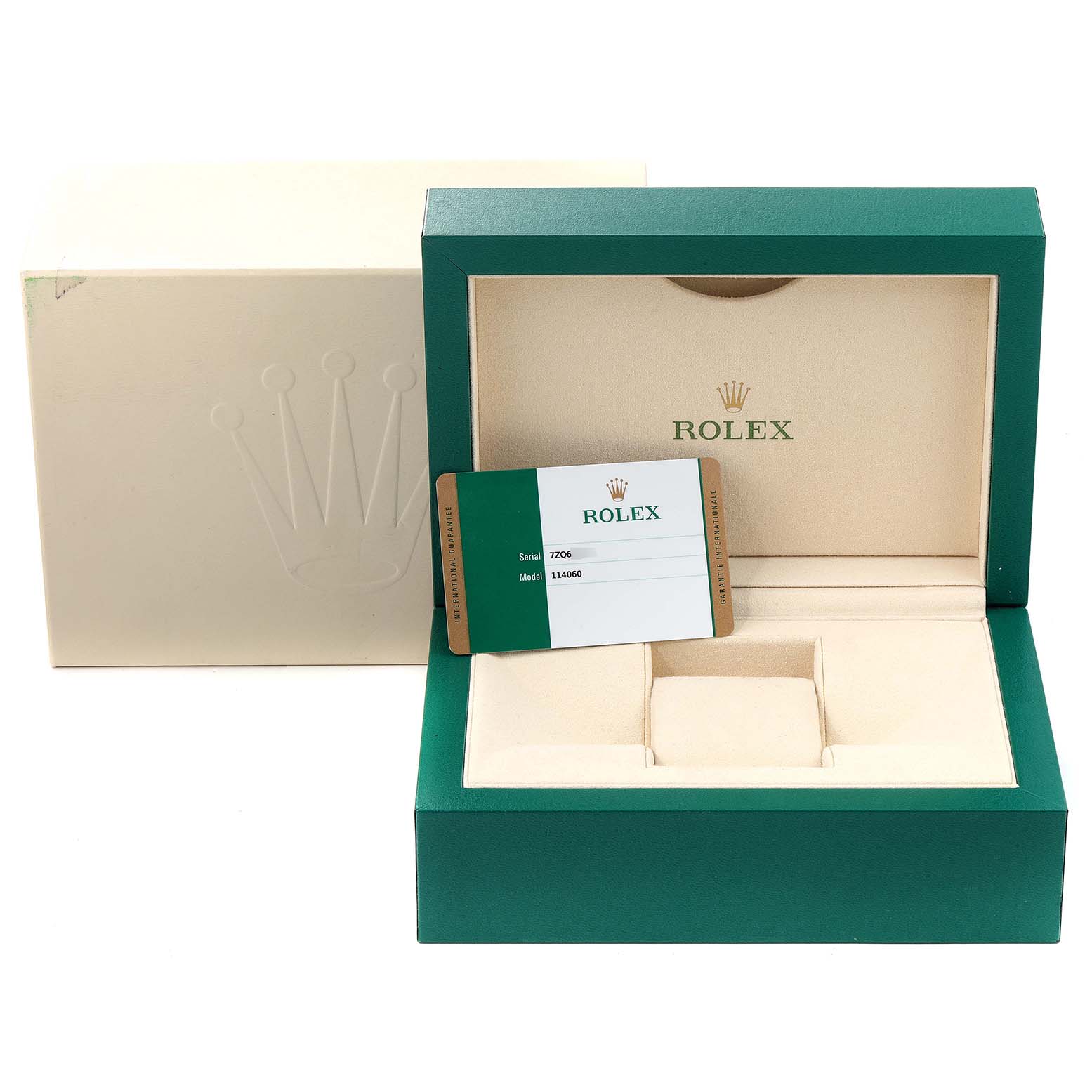 The image shows an open Rolex Submariner 114060 Men
s Stainless Steel Black Dial 114060 Men
s Stainless Steel Black Dial watch box and warranty card from a front angle.