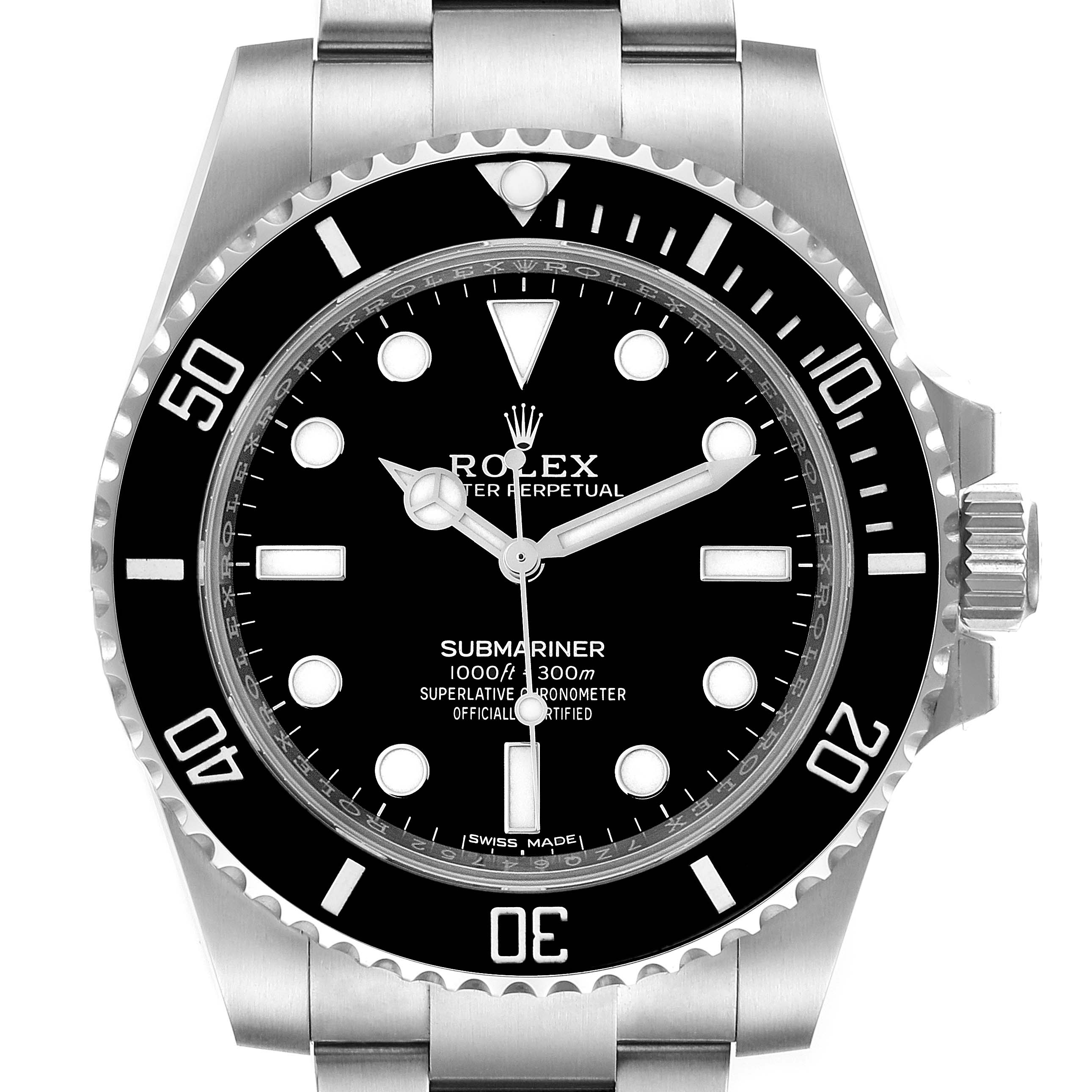 This Rolex Submariner 114060 Men
s Stainless Steel Black Dial 114060 Men
s Stainless Steel Black Dial watch is shown from a straight-on angle, highlighting its face, bezel, and part of the bracelet.