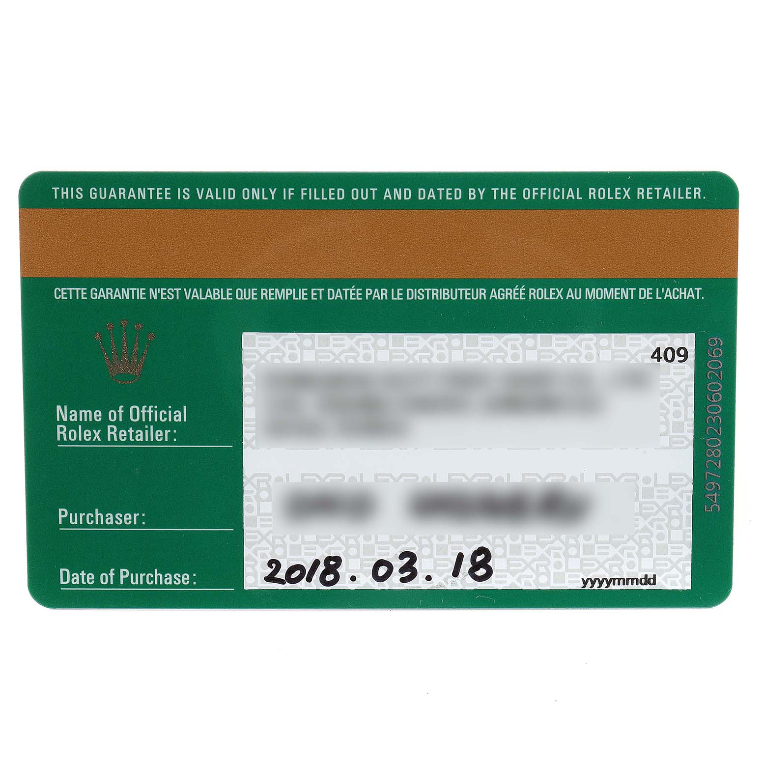 This image shows the guarantee card for the Rolex Submariner 114060 Men
s Stainless Steel Black Dial 114060 Men
s Stainless Steel Black Dial watch, dated March 18, 2018.