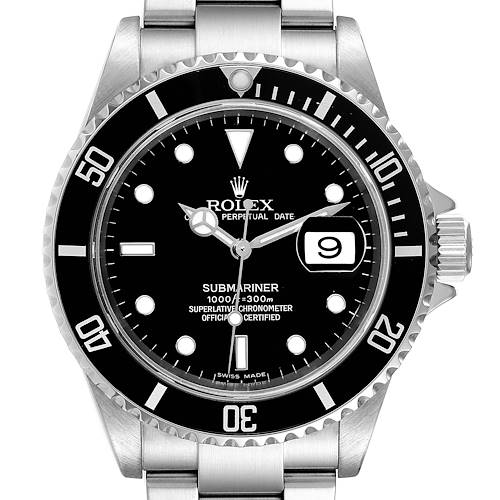 This image shows a front view of a Rolex Submariner watch, highlighting the dial, bezel, crown, and bracelet.