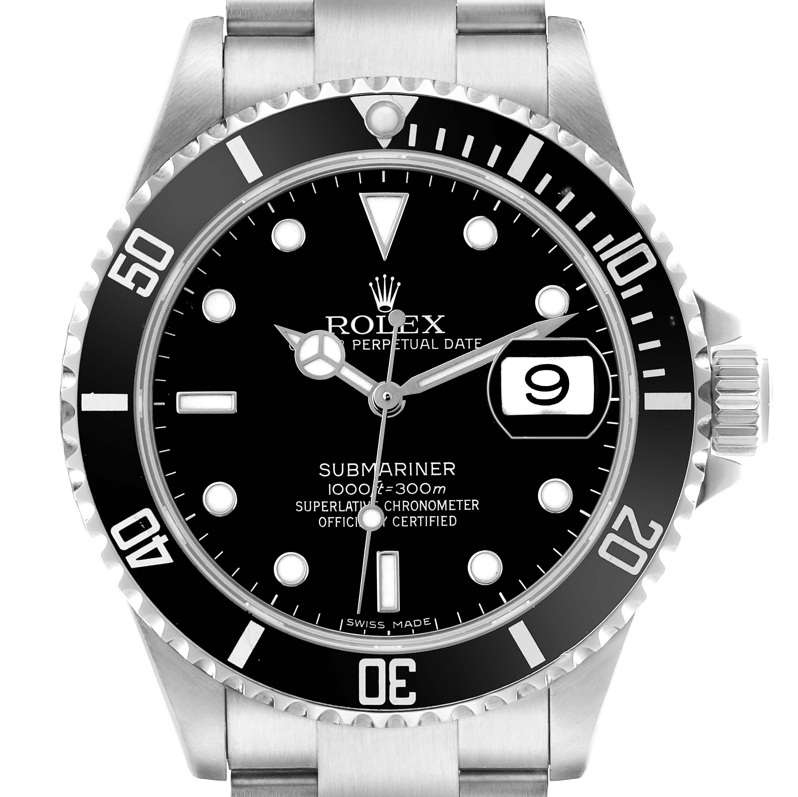 The Rolex Submariner 16610 Men's Stainless Steel Black Dial is shown from a front angle, displaying the dial, bezel, crown, and part of the bracelet.