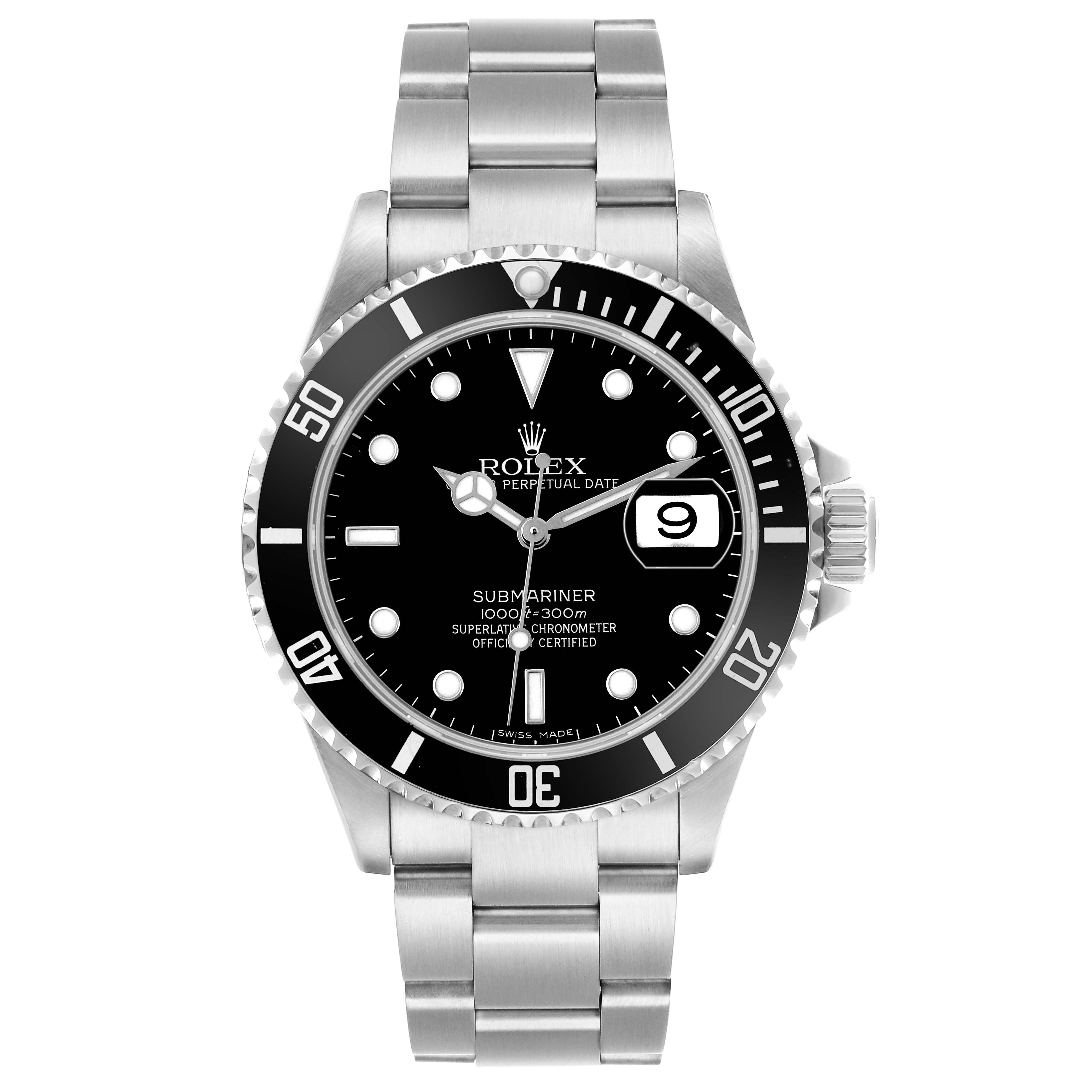 The photo shows a front view of the Rolex Submariner 16610 Men's Stainless Steel Black Dial, displaying the dial, bezel, crown, and bracelet.