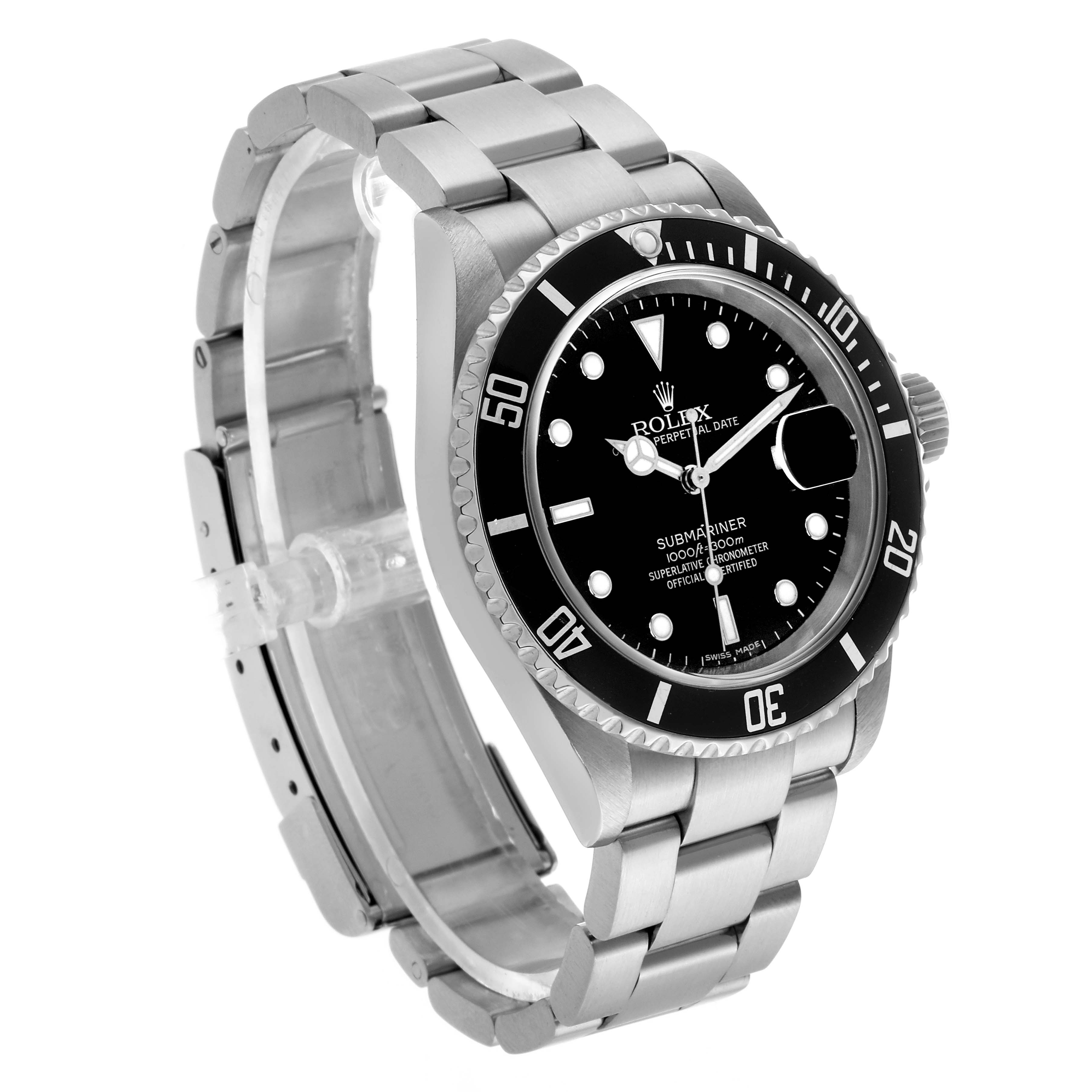 The Rolex Submariner 16610 Men's Stainless Steel Black Dial watch is shown at a three-quarter angle, displaying the face, bezel, crown, and bracelet.
