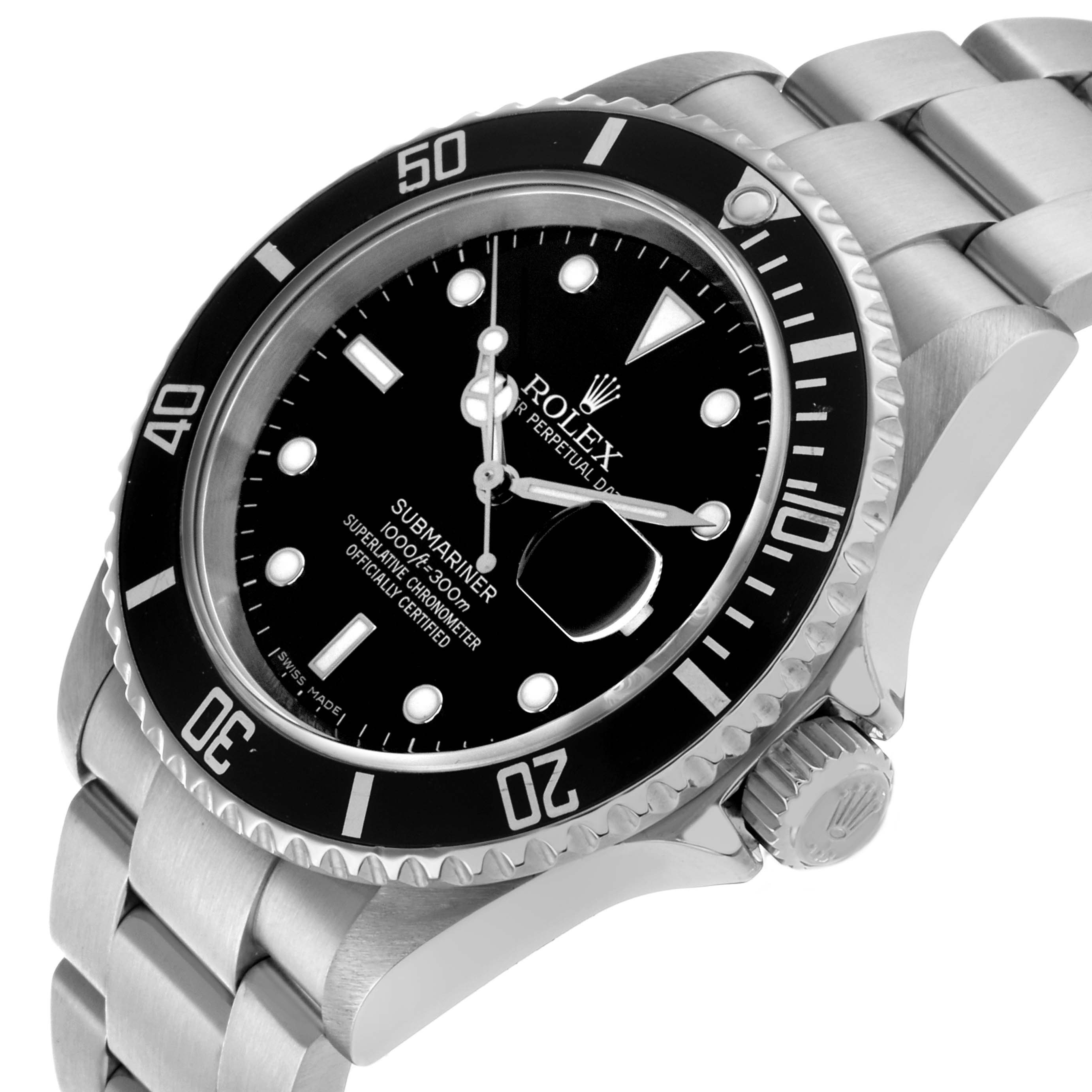 The Rolex Submariner 16610 Men's Stainless Steel Black Dial watch is shown at a slight angle, displaying the dial, bezel, crown, and part of the bracelet.