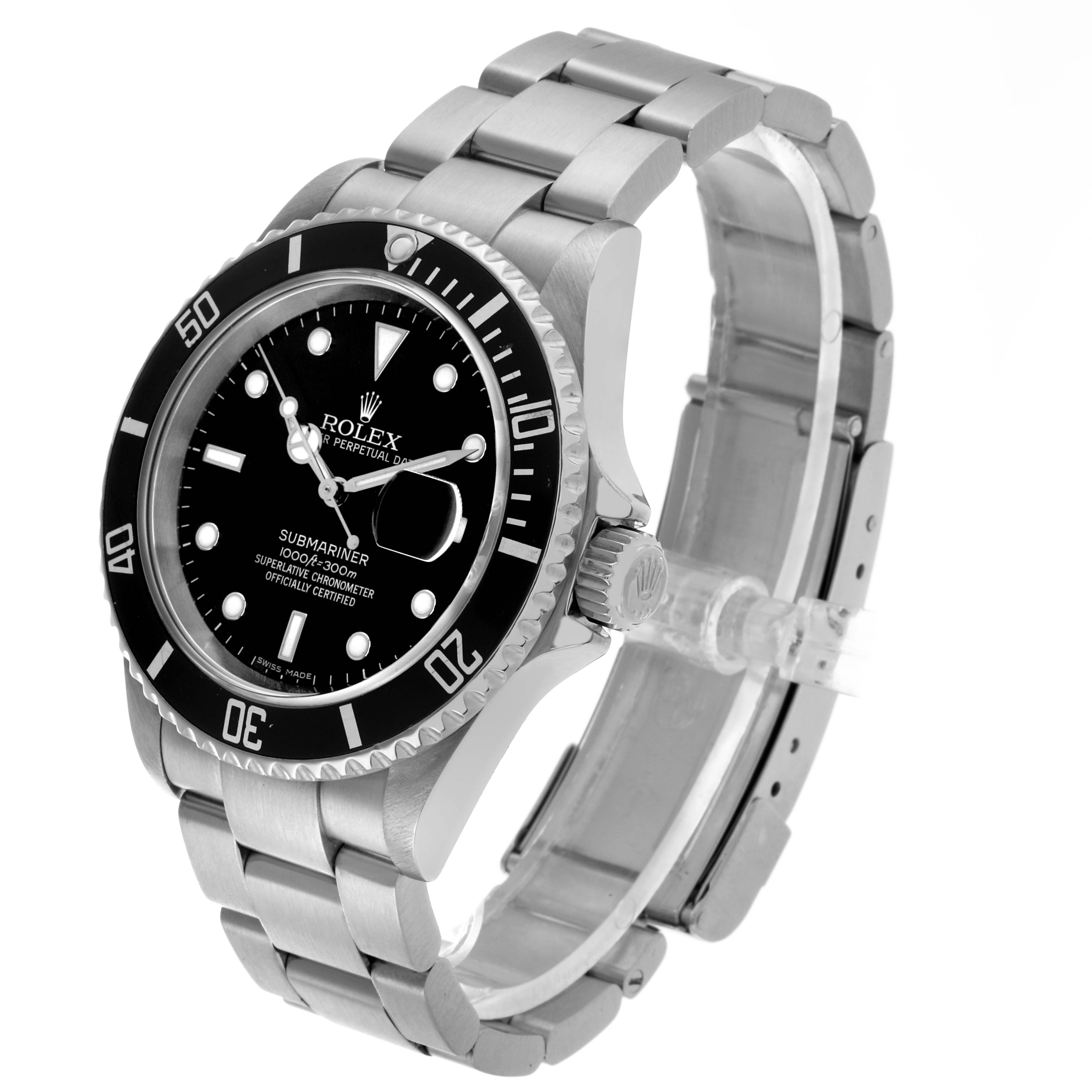 The Rolex Submariner 16610 Men's Stainless Steel Black Dial is shown at a three-quarter angle, displaying its black dial, bezel, and stainless steel bracelet.