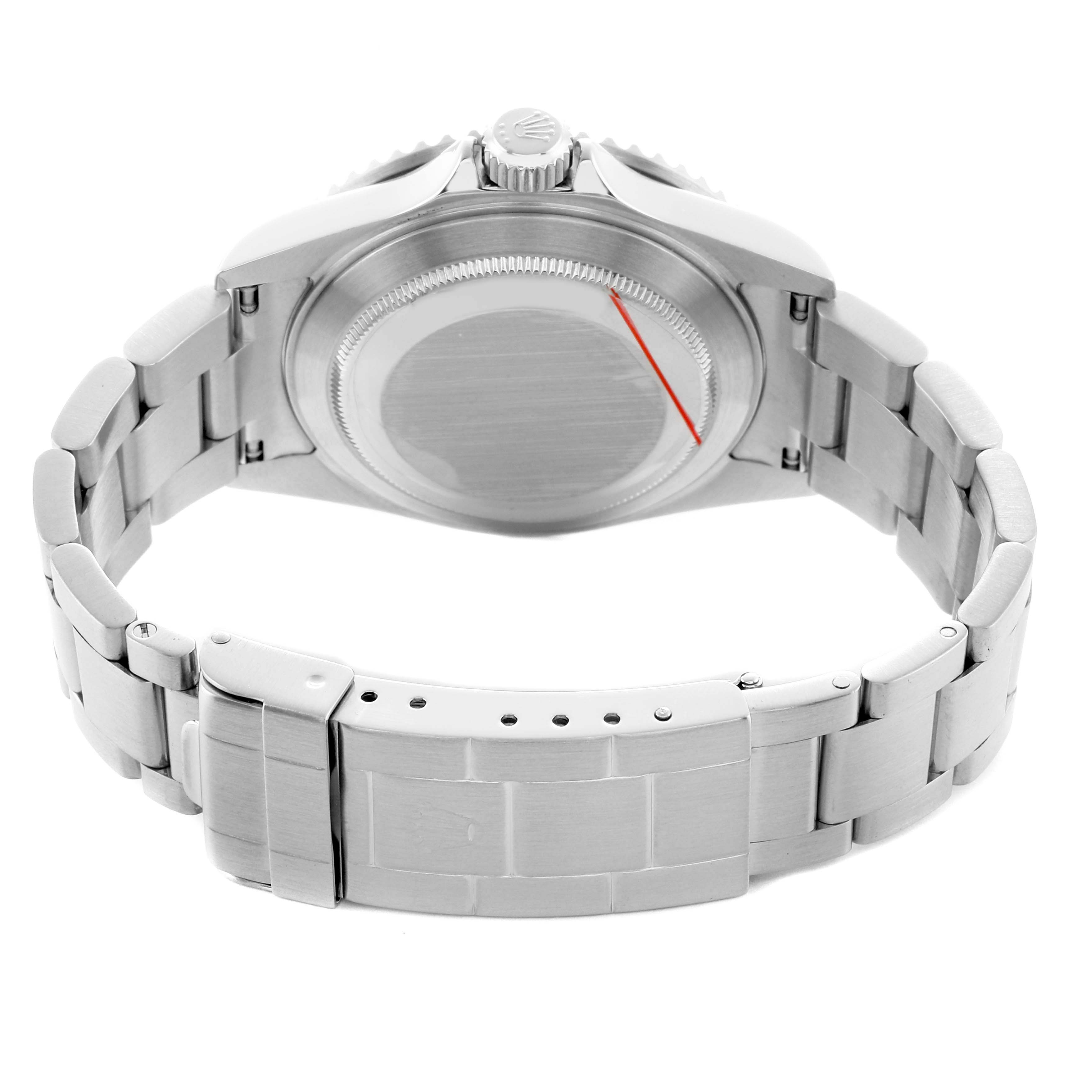 The image shows the back and side profile of a Rolex Submariner 16610 Men's Stainless Steel Black Dial, highlighting the bracelet and case back.