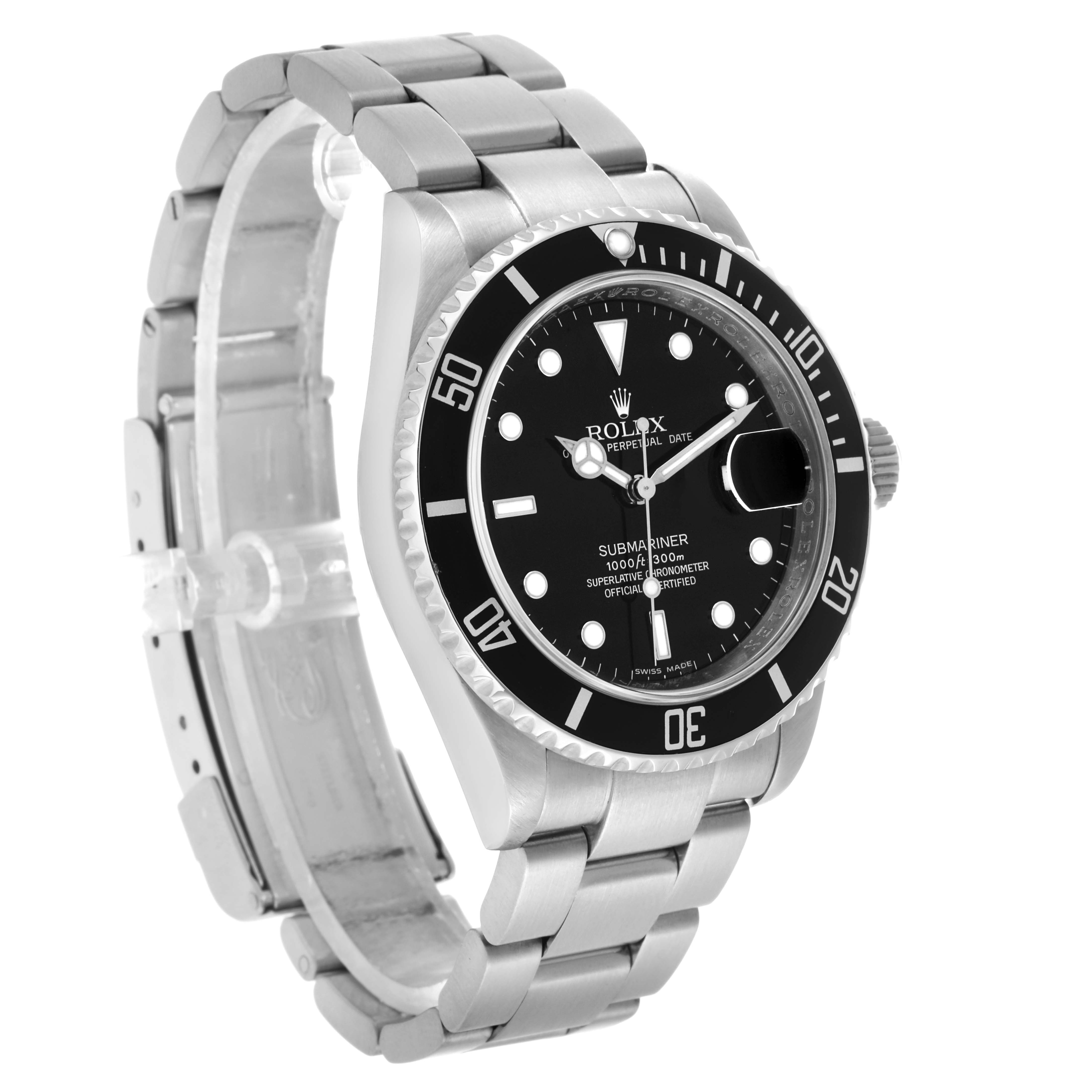 The Rolex Submariner 16610 Men's Stainless Steel Black Dial watch is shown at a three-quarter angle, displaying the face, bezel, crown, and bracelet.