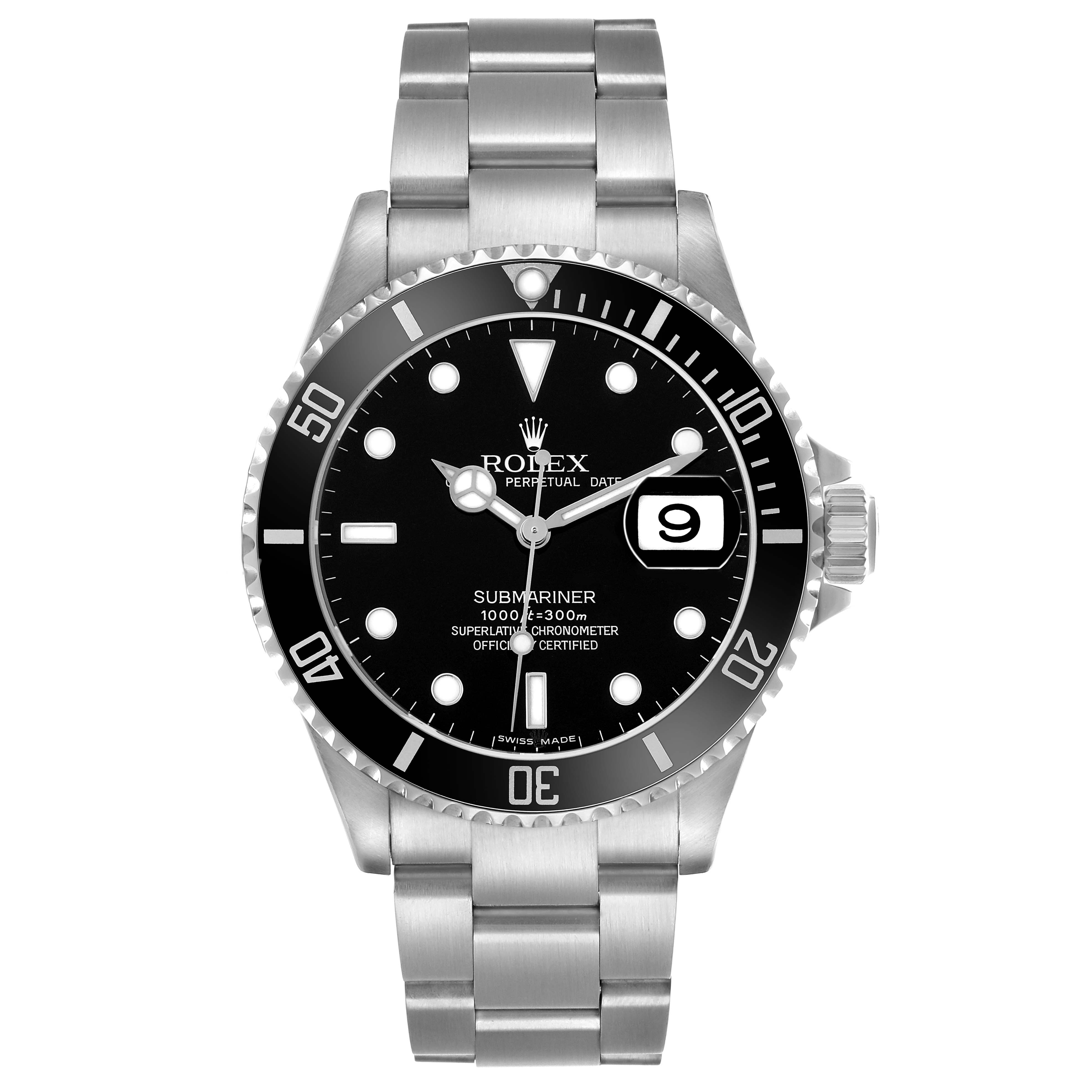 The image shows a Rolex Submariner 16610 Men's Stainless Steel Black Dial, featuring a frontal view of the dial, bezel, and bracelet.