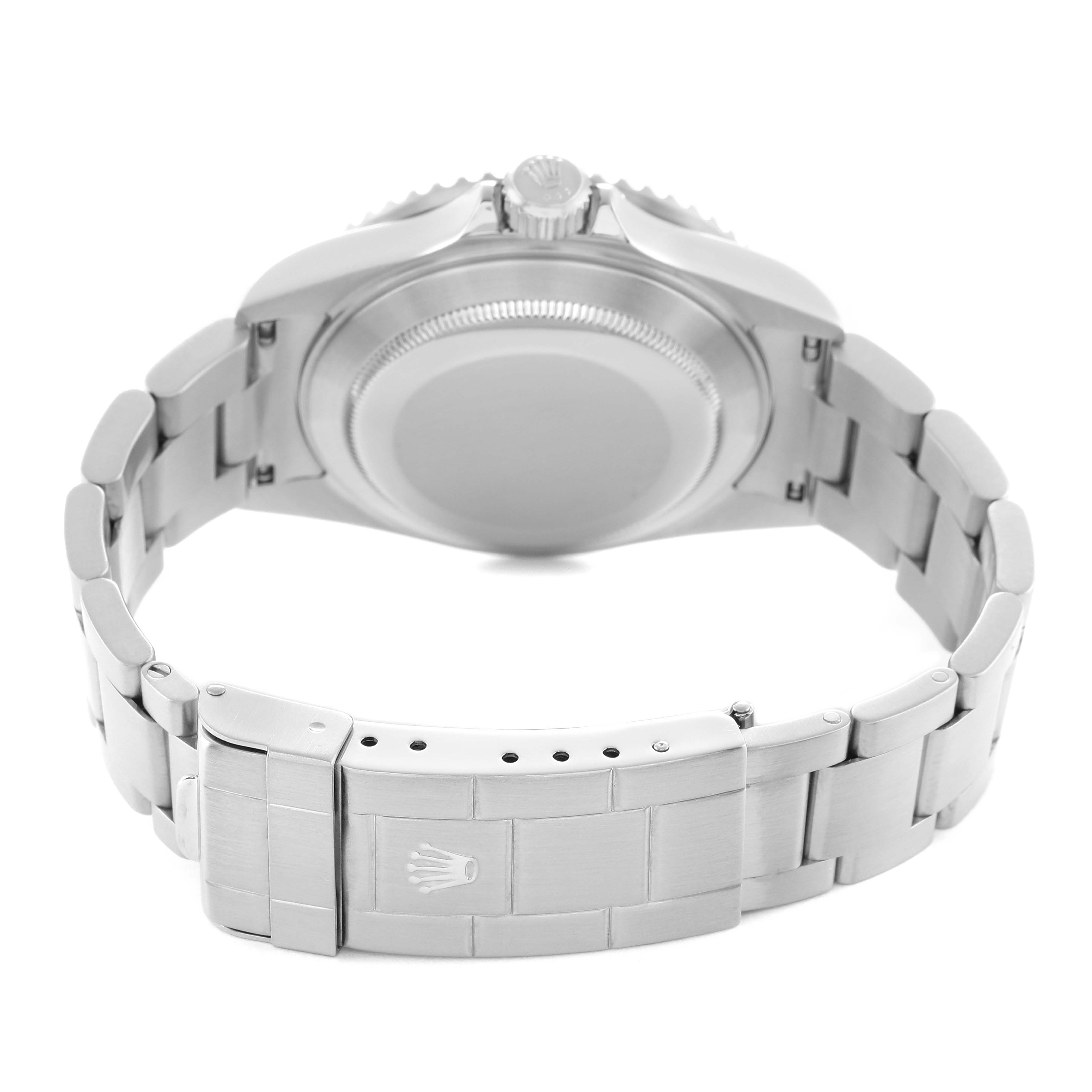 The image shows the back and bracelet clasp of a Rolex Submariner 16610 Men's Stainless Steel Black Dial in a rear view angle.