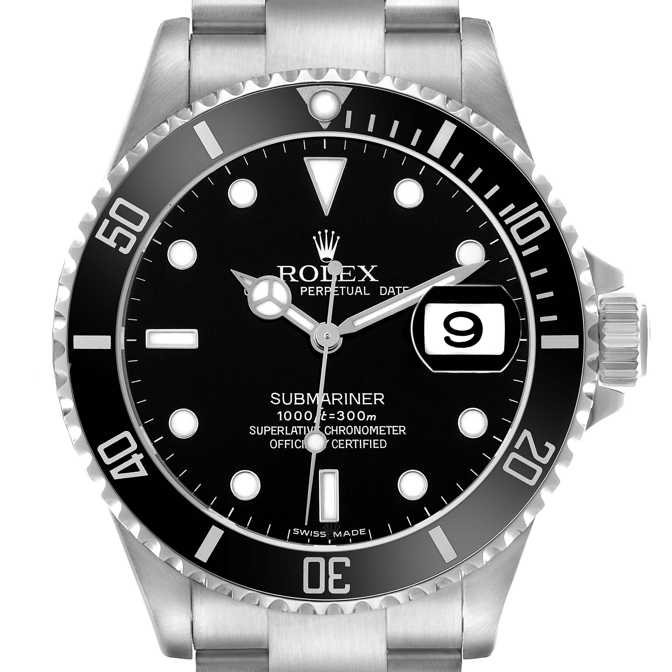 The Rolex Submariner 16610 Men's Stainless Steel Black Dial watch is shown from a front angle, featuring the dial, bezel, and crown.