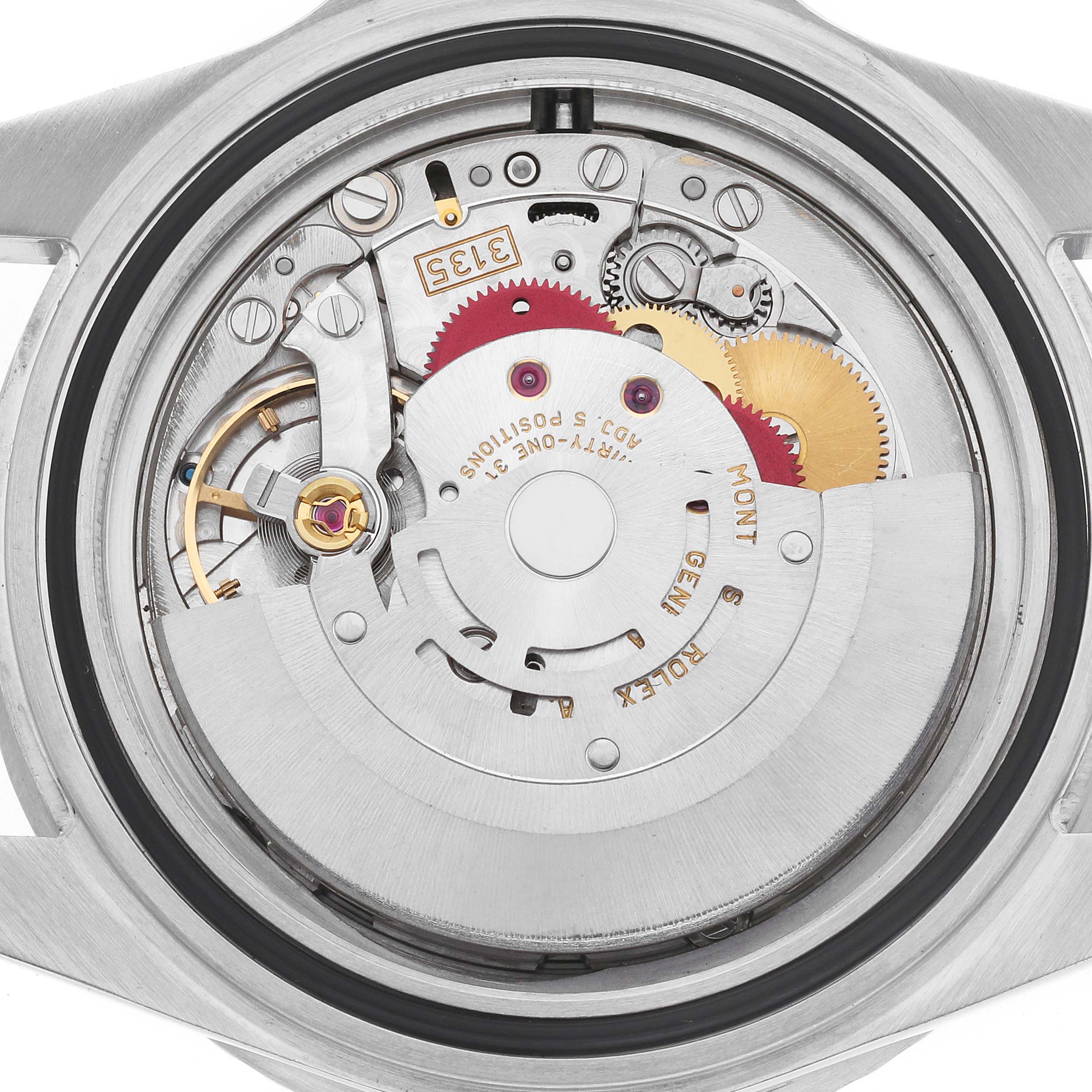 The image shows the back view of a Rolex Submariner 16610 Men's Stainless Steel Black Dial, revealing its intricate movement and components.