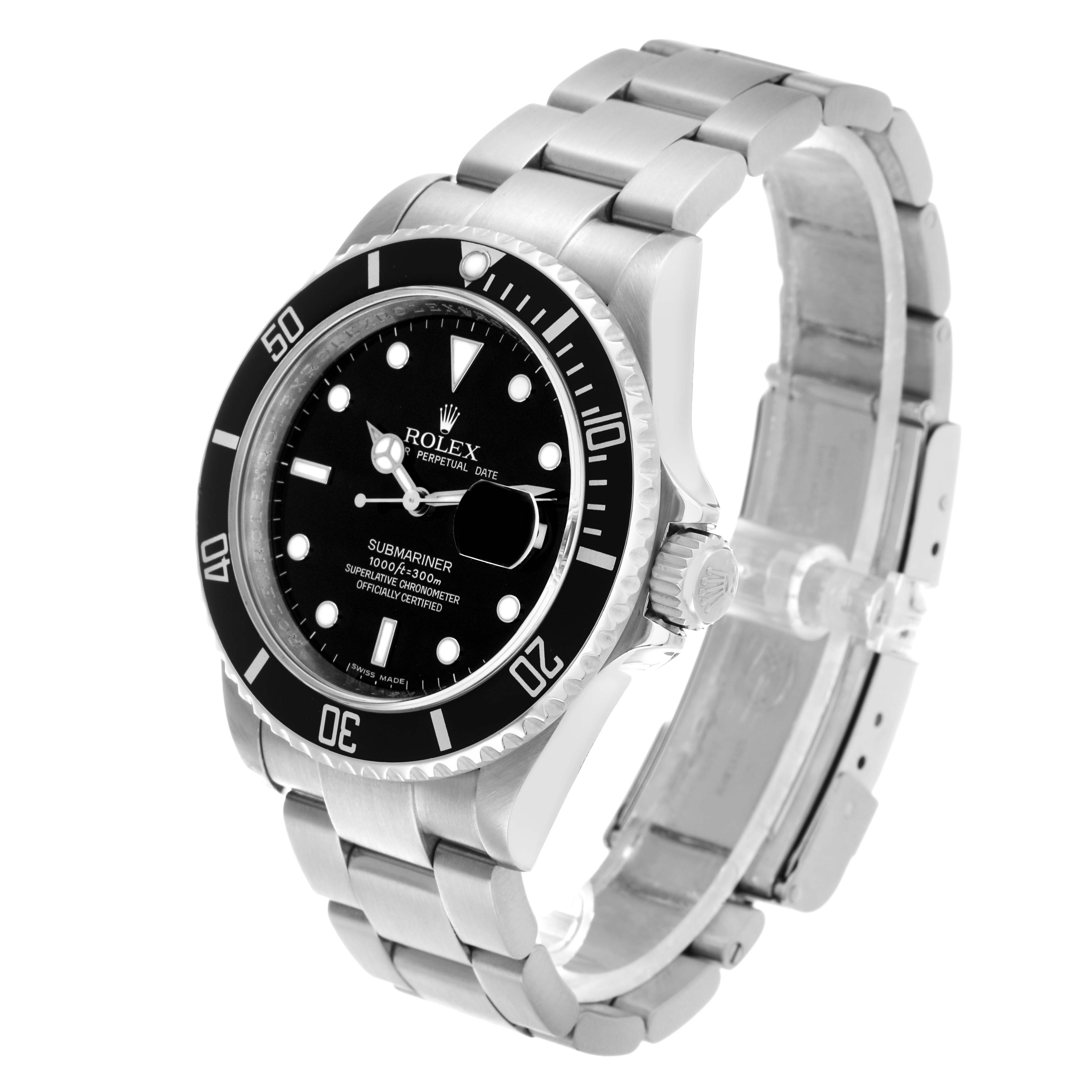 The image shows a Rolex Submariner 16610 Men's Stainless Steel Black Dial watch at an angled side view, highlighting the bezel, dial, and bracelet.