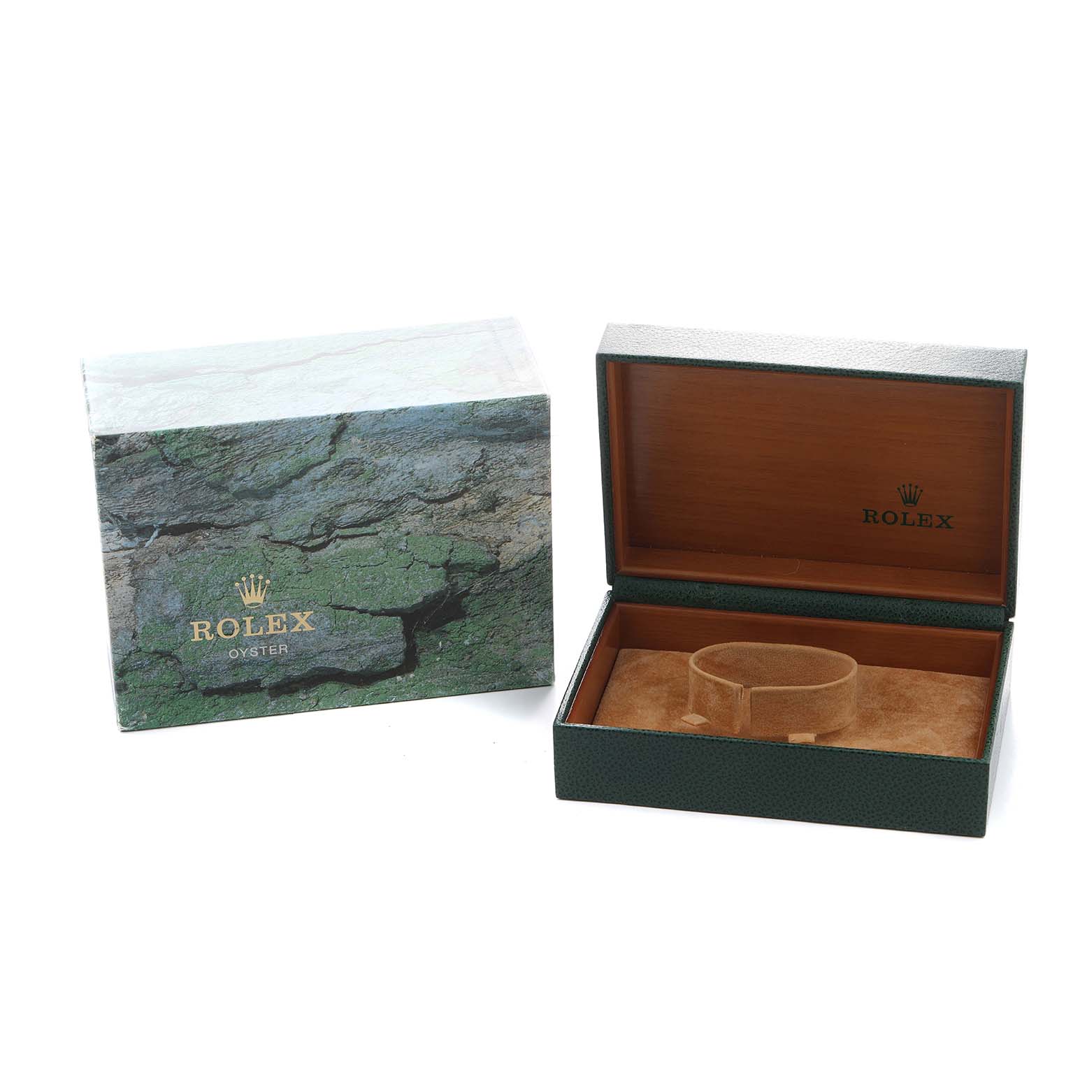 The image shows the packaging for the Rolex Submariner 16610 Men's Stainless Steel Black Dial, including an outer box and an open watch box with a cushion.