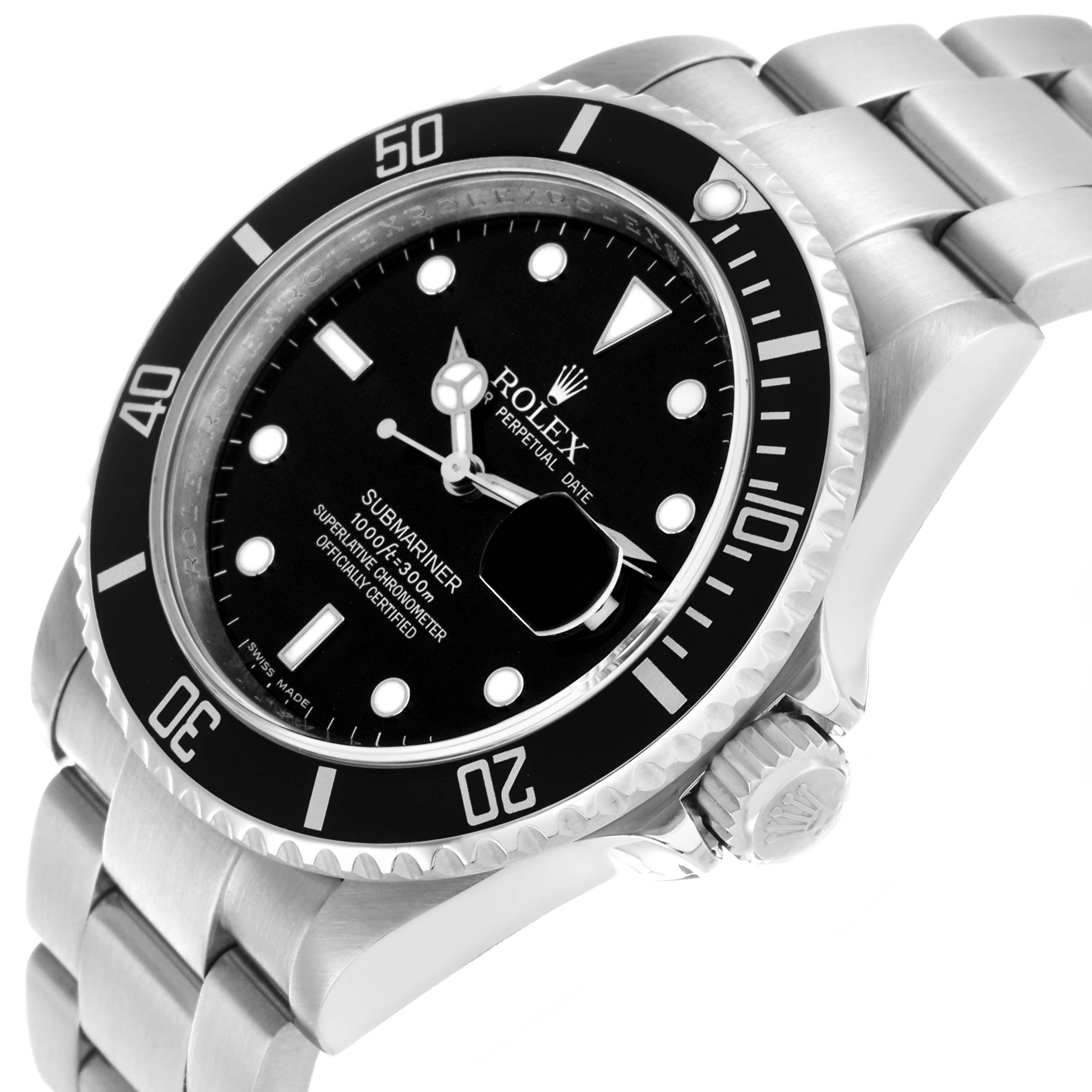The Rolex Submariner 16610 Men's Stainless Steel Black Dial watch is shown at an angled view, displaying the bezel, dial, crown, and part of the bracelet.