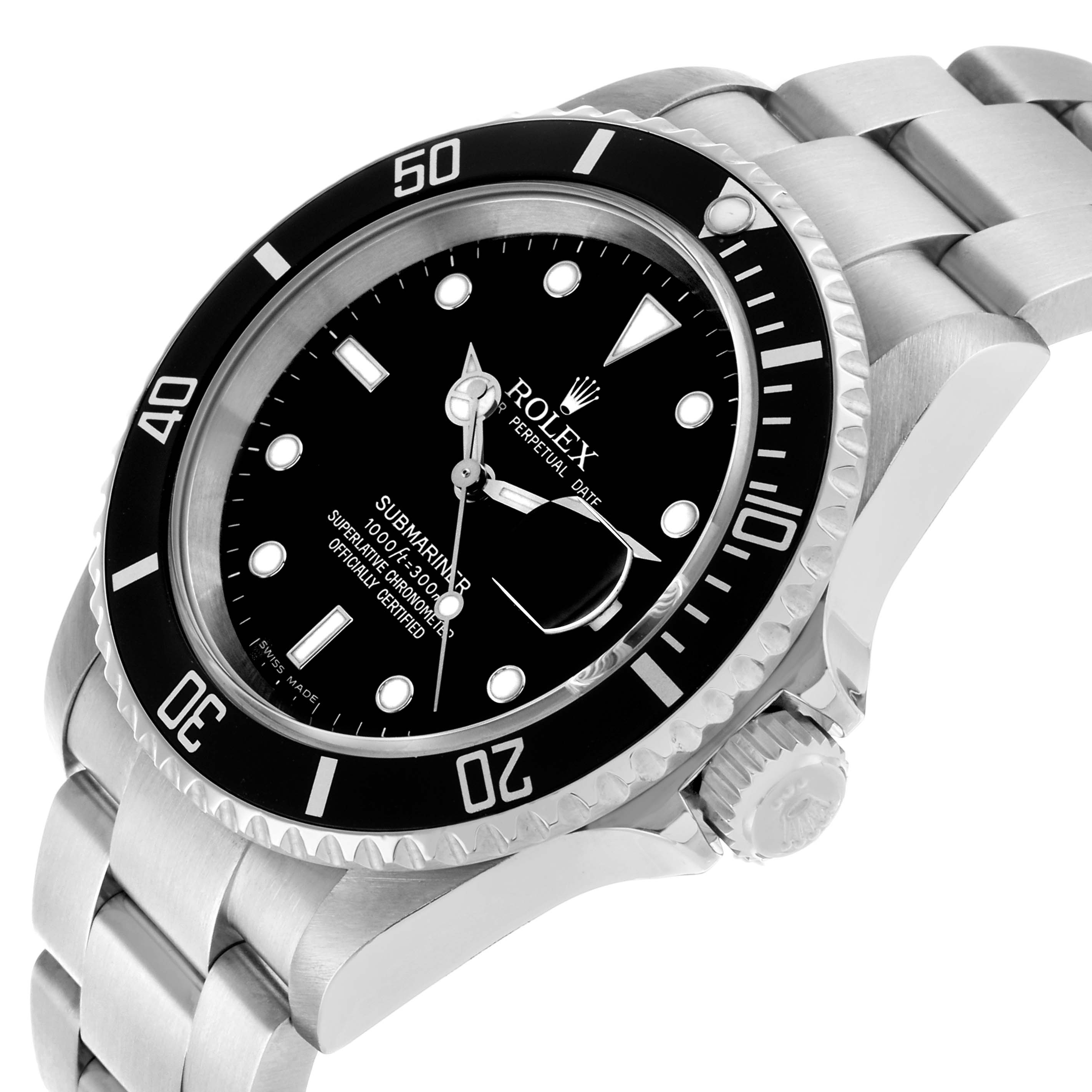 The Rolex Submariner 16610 Men's Stainless Steel Black Dial watch is shown at an angle highlighting the face, bezel, crown, and part of the bracelet.