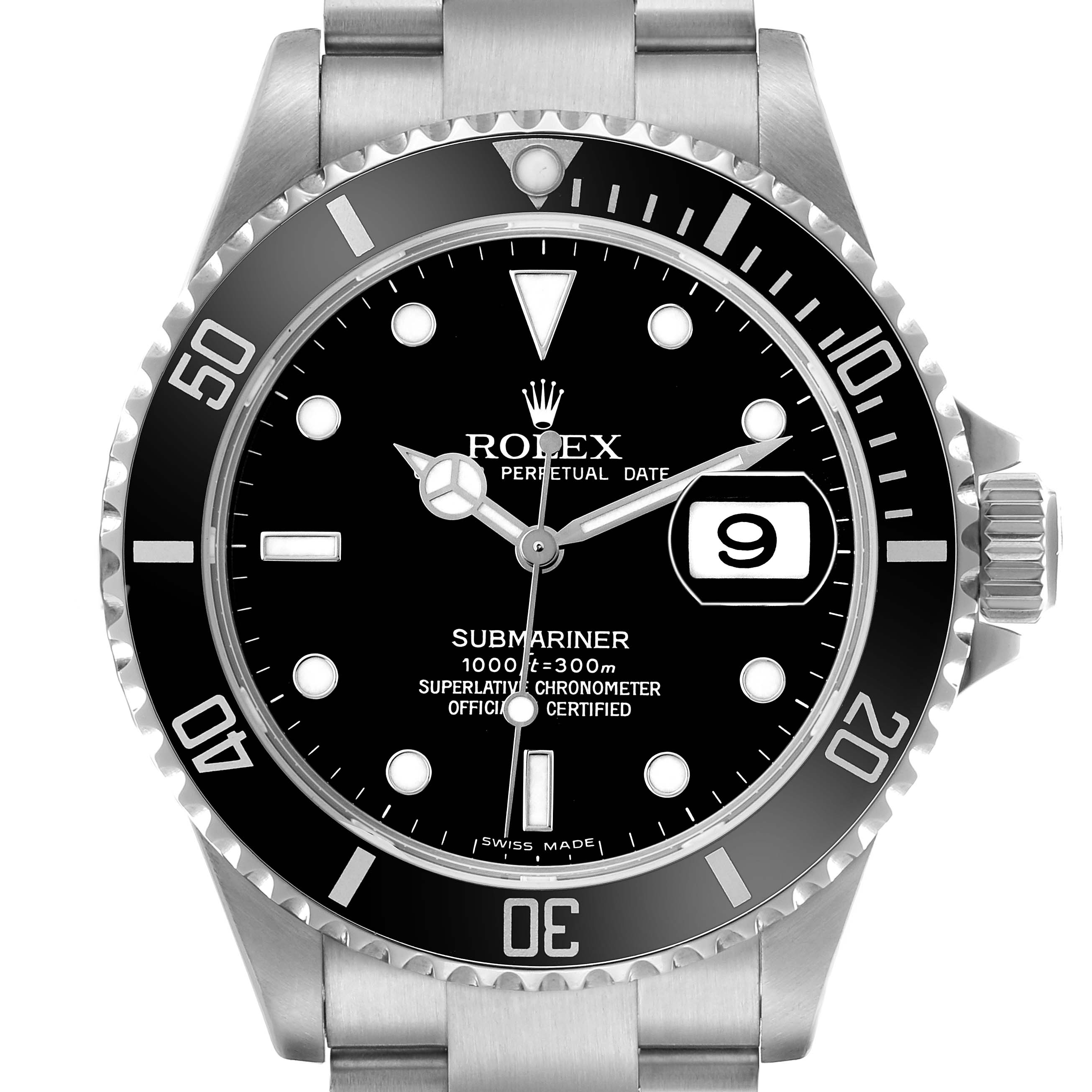 The Rolex Submariner 16610 Men's Stainless Steel Black Dial watch is shown from a front angle, highlighting the dial, bezel, crown, and bracelet.