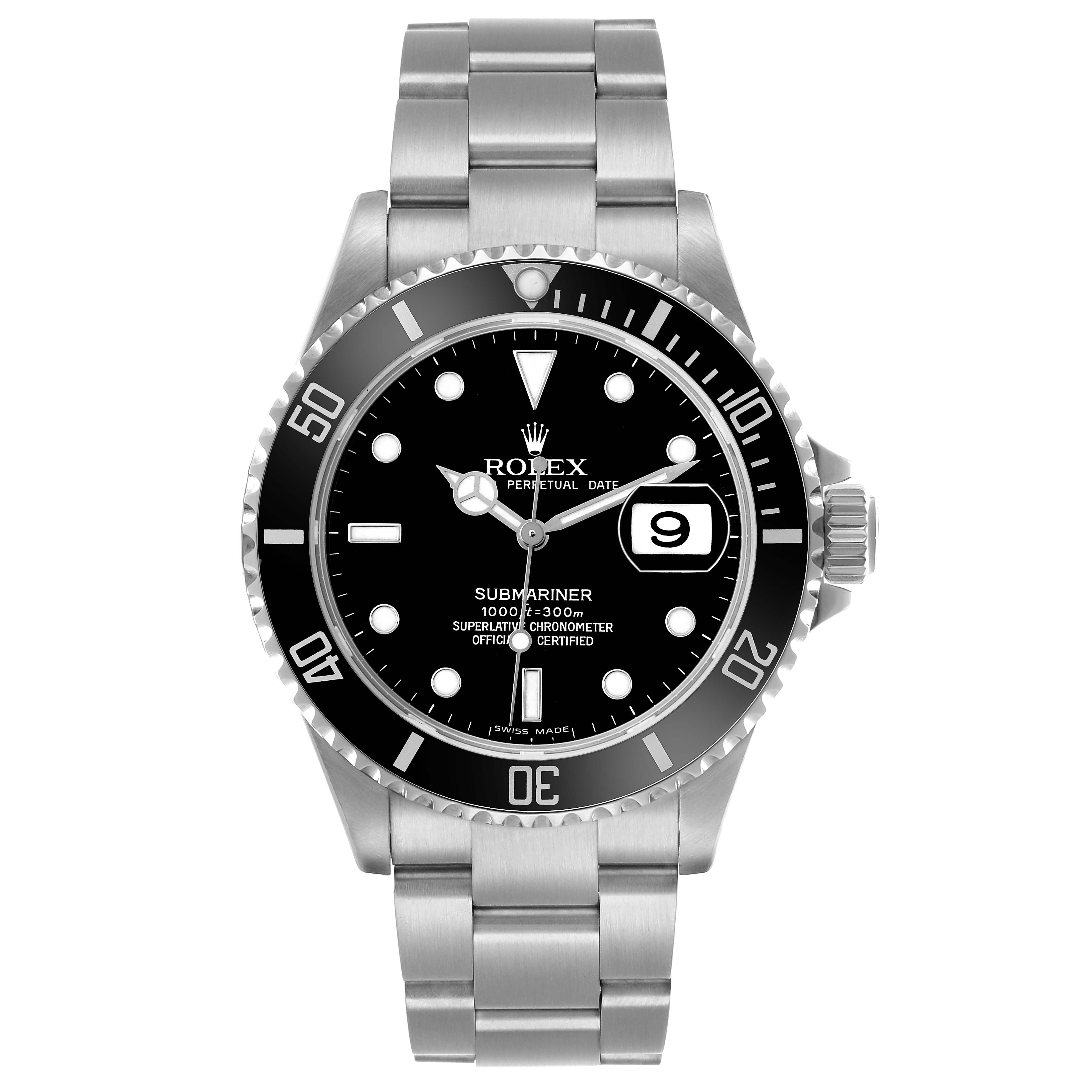The Rolex Submariner 16610 Men's Stainless Steel Black Dial watch is shown from a front angle, displaying the dial, bezel, and bracelet.
