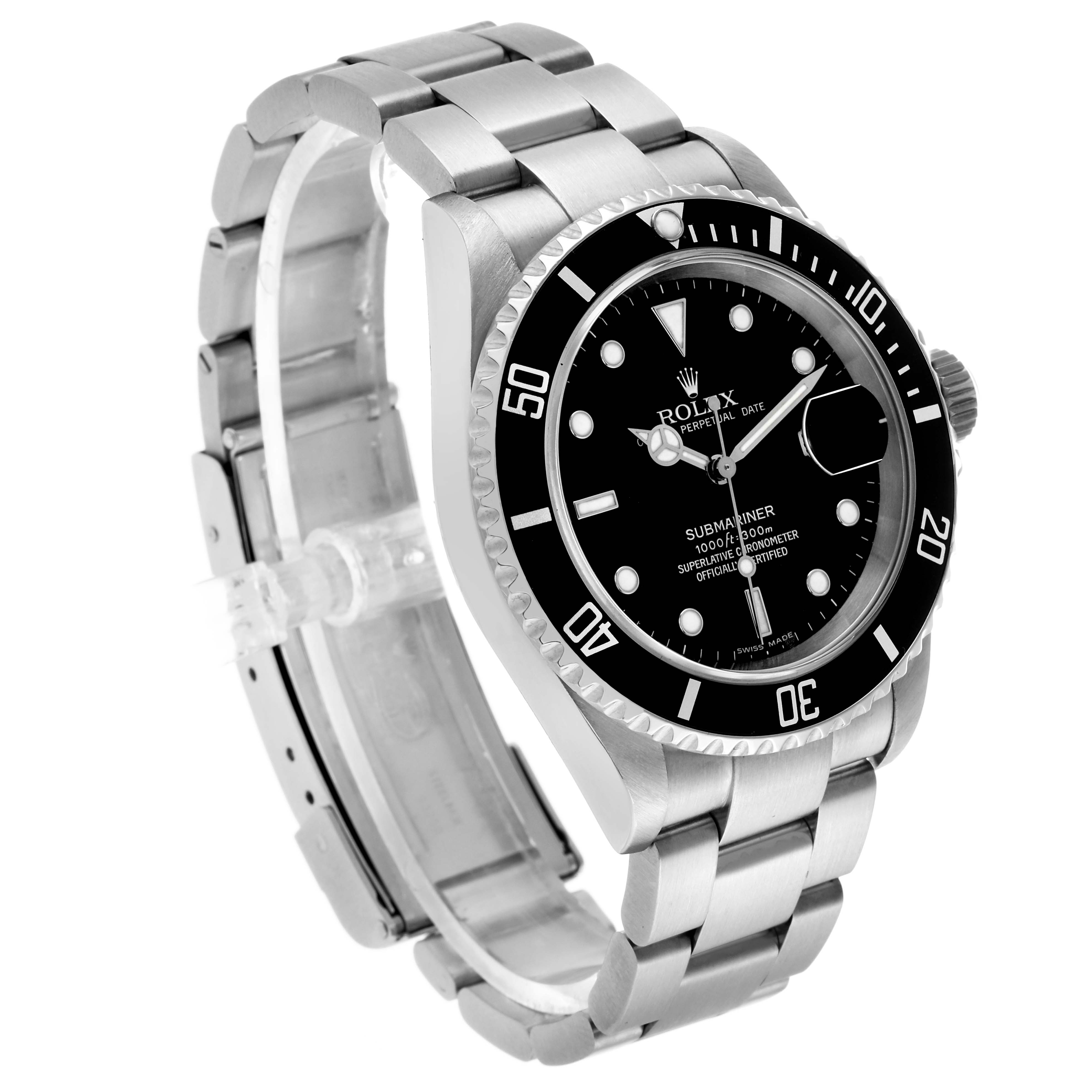 The Rolex Submariner 16610 Men's Stainless Steel Black Dial watch is shown at a three-quarter angle, highlighting the face, bezel, and bracelet.