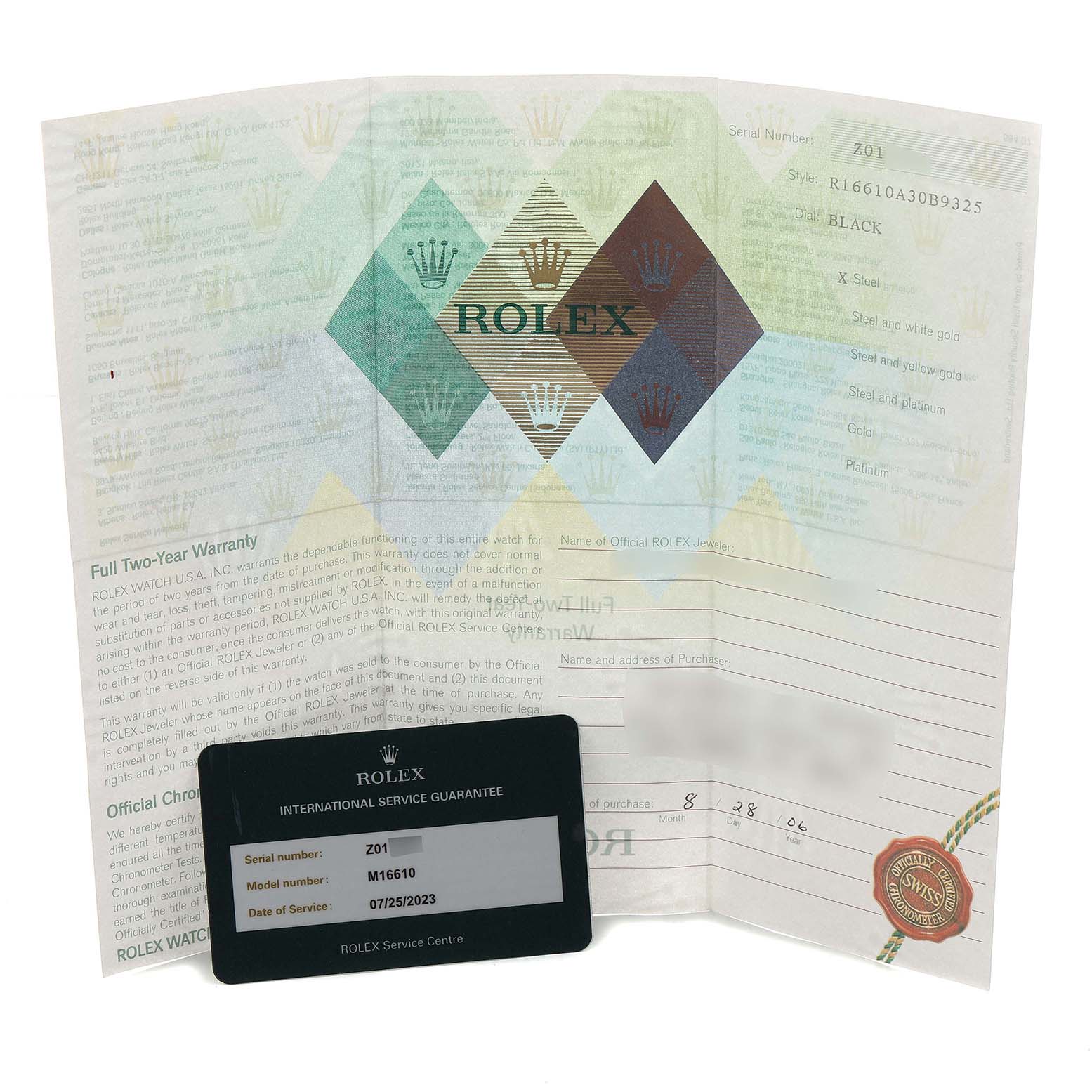 The image shows a Rolex Submariner 16610 Men's Stainless Steel Black Dial warranty and service guarantee card at a slight angle.