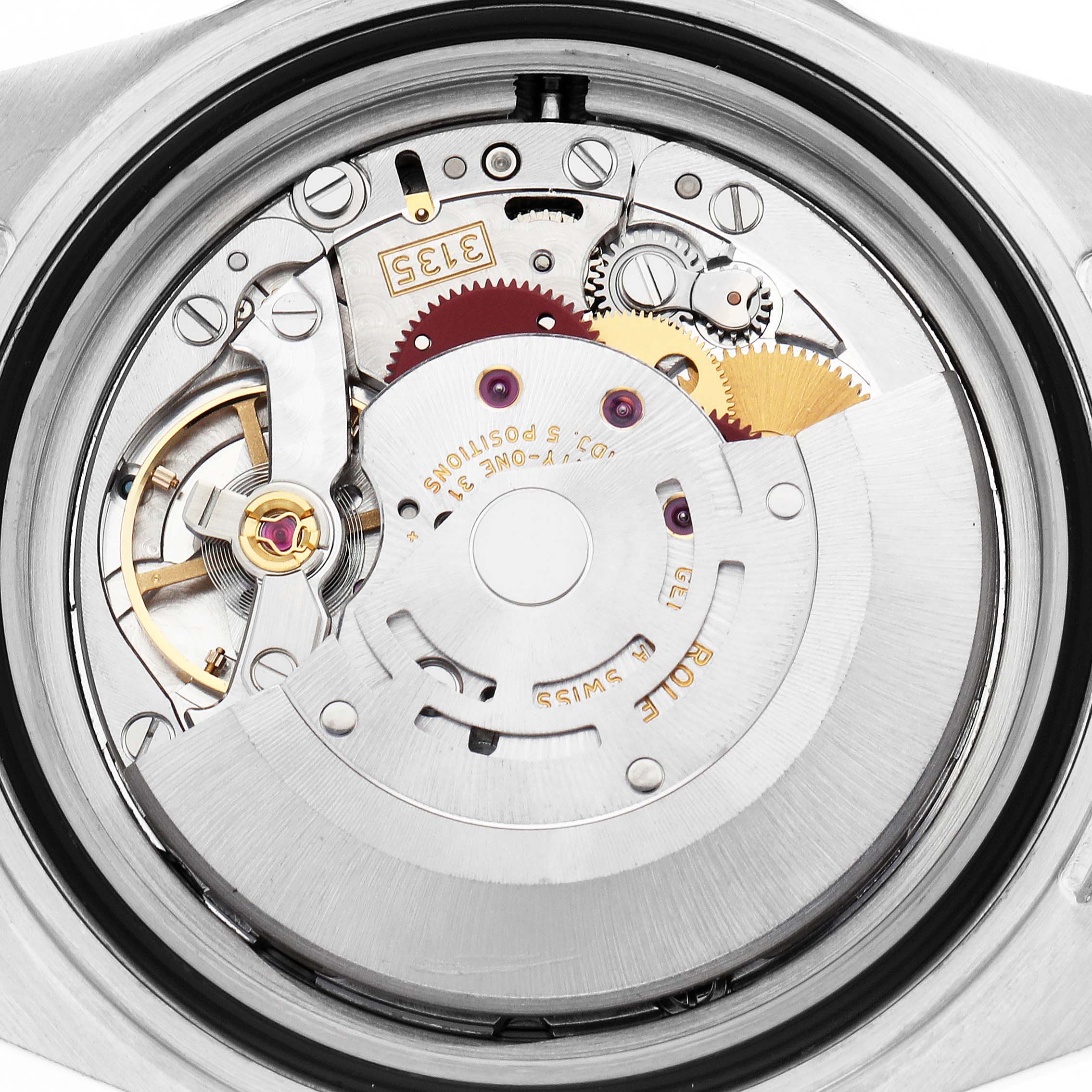 The image shows the movement mechanism inside a Rolex Submariner 16610 Men's Stainless Steel Black Dial watch, viewed from the back.