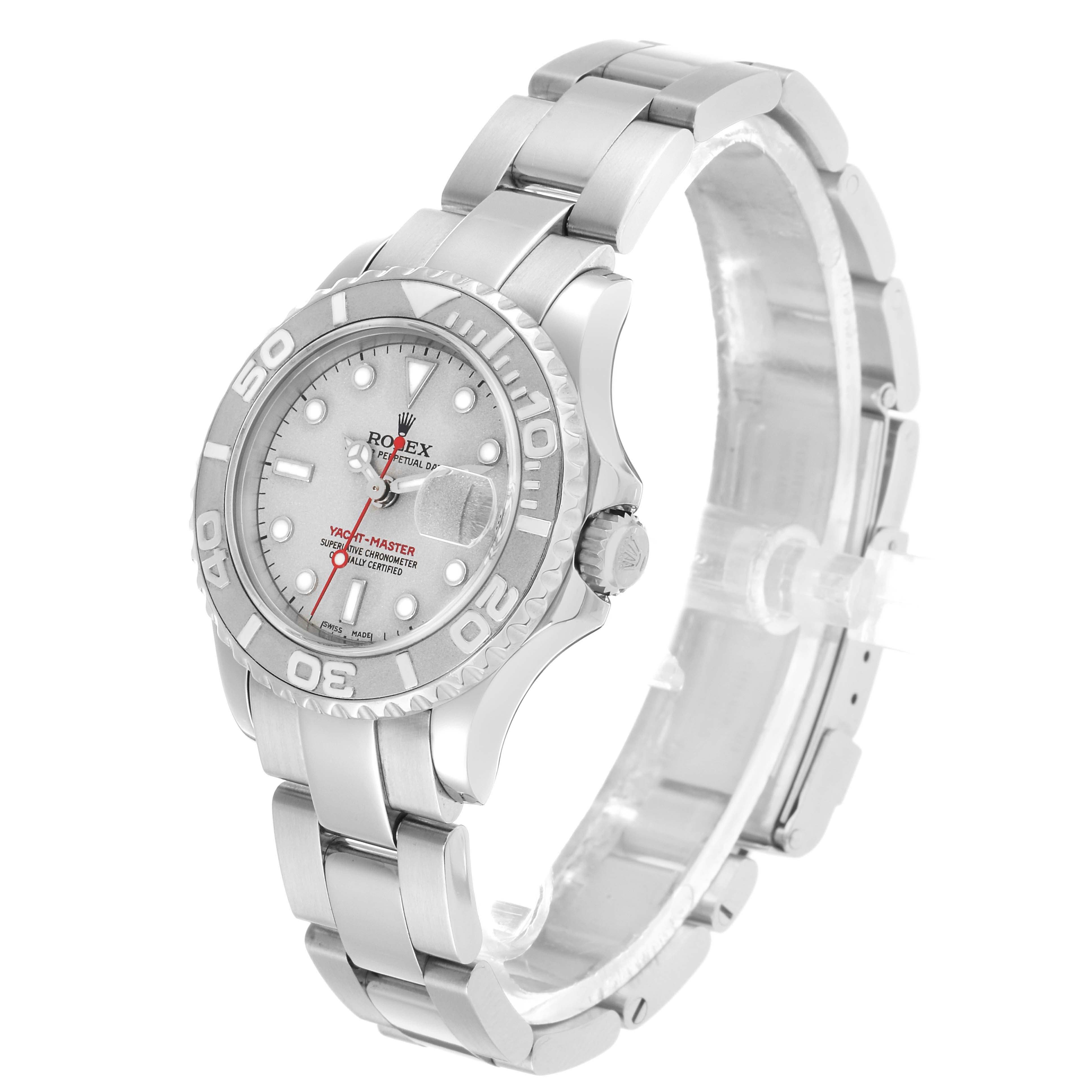 The Rolex Yacht-Master 169622 Women's Stainless Steel Silver Dial watch is shown at a three-quarter angle, displaying the watch face, bezel, and bracelet.