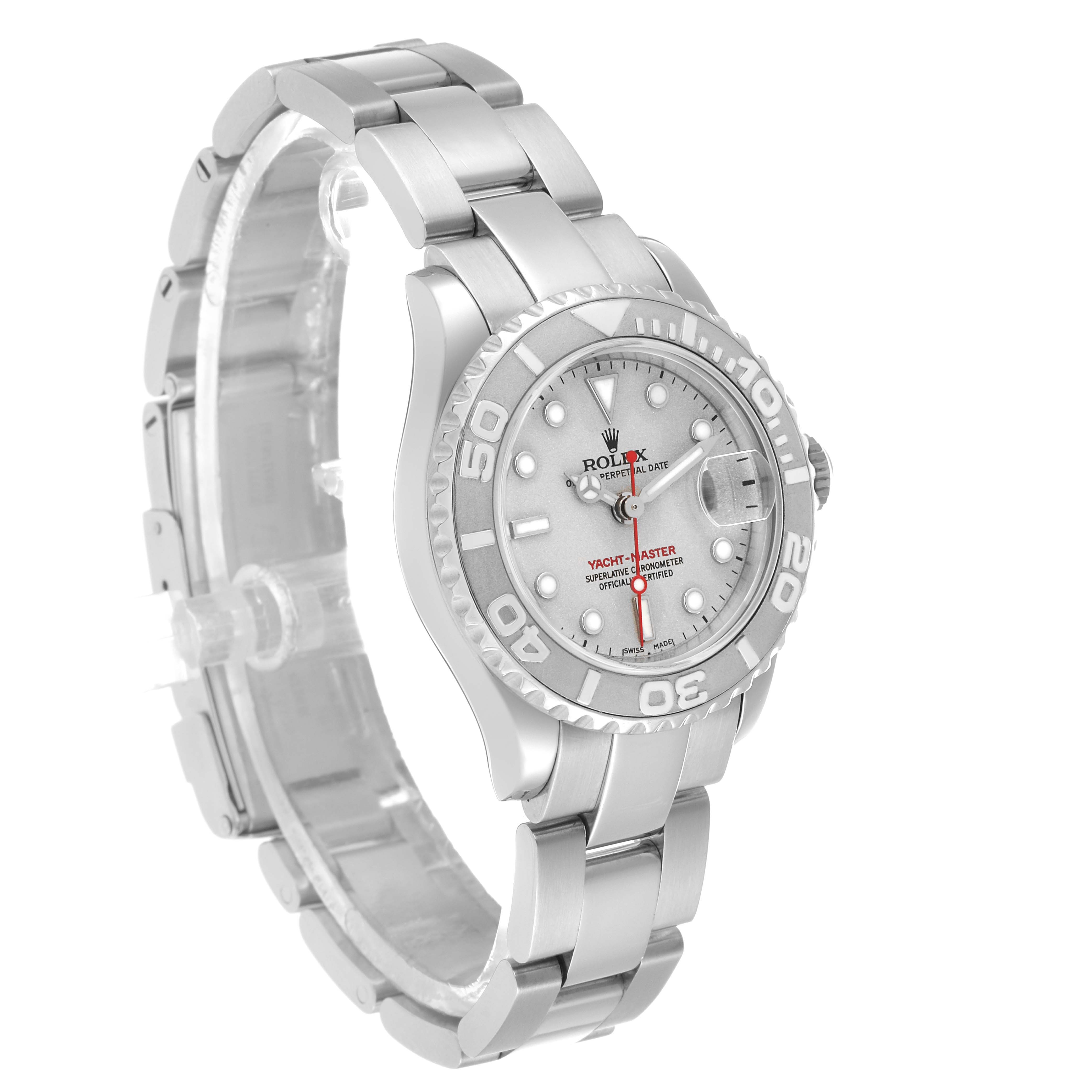 The Rolex Yacht-Master 169622 Women's Stainless Steel Silver Dial watch is shown at a three-quarter angle, displaying the dial, bezel, and bracelet.