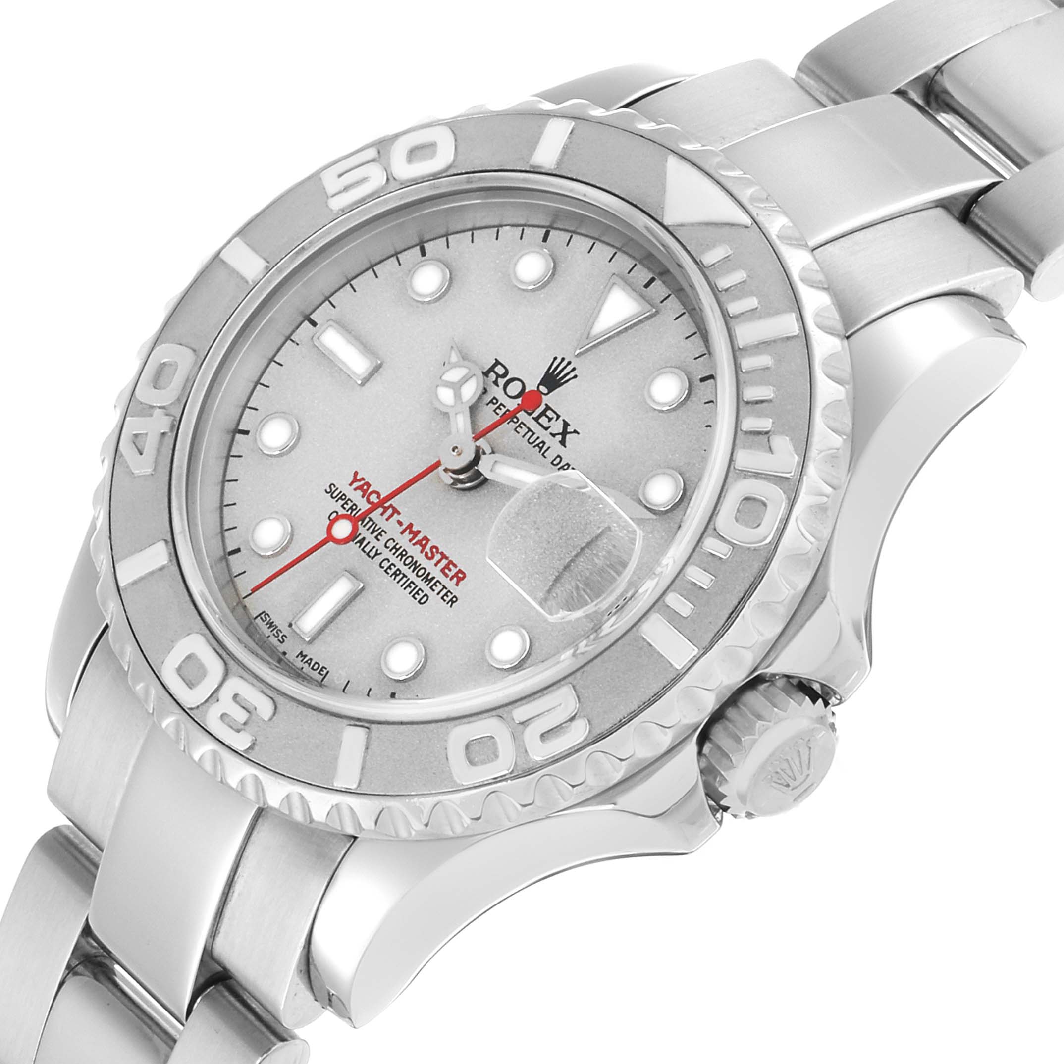 The Rolex Yacht-Master 169622 Women's Stainless Steel Silver Dial is shown at a slight angle, highlighting the bezel, dial, and part of the bracelet.
