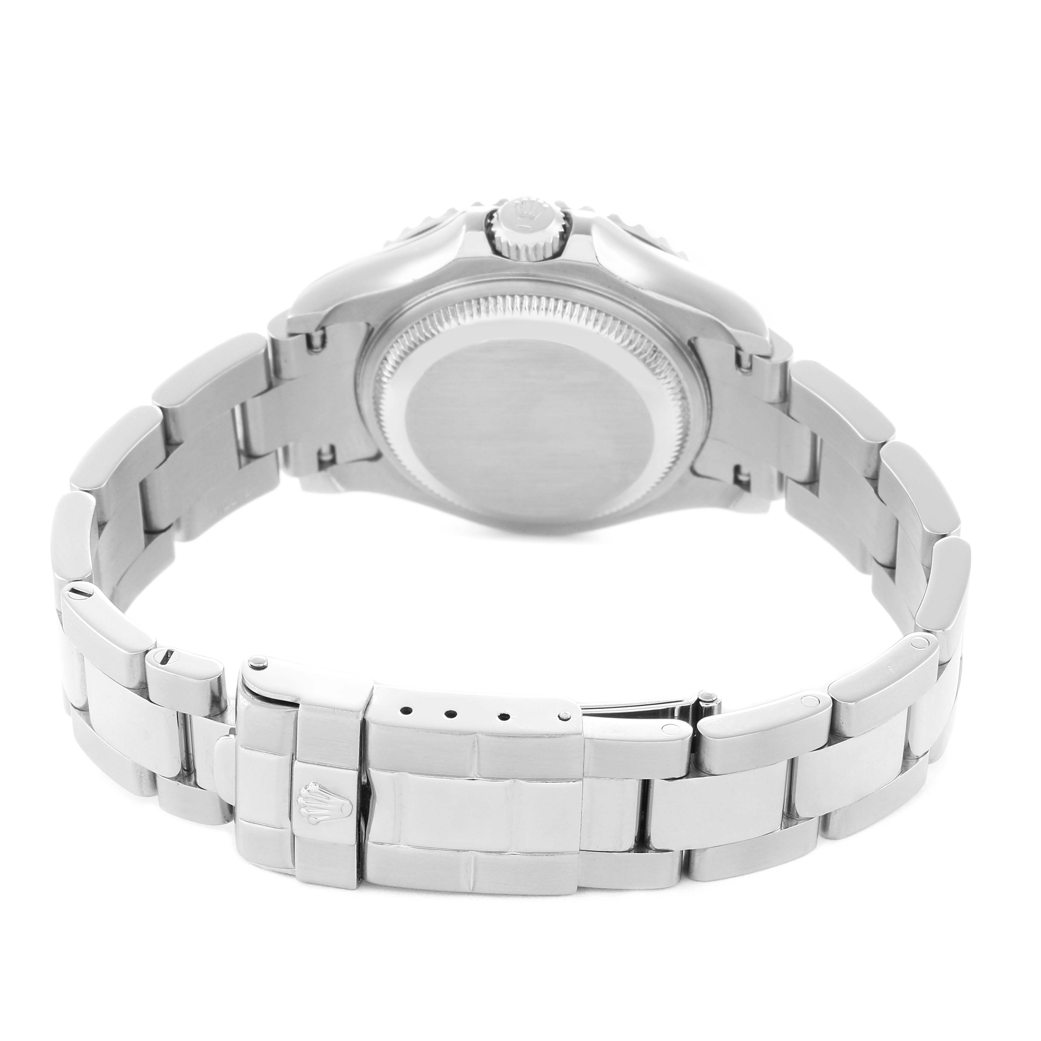 The Rolex Yacht-Master 169622 Women's Stainless Steel Silver Dial watch is shown from the back, highlighting the case back, crown, and bracelet with the clasp open.