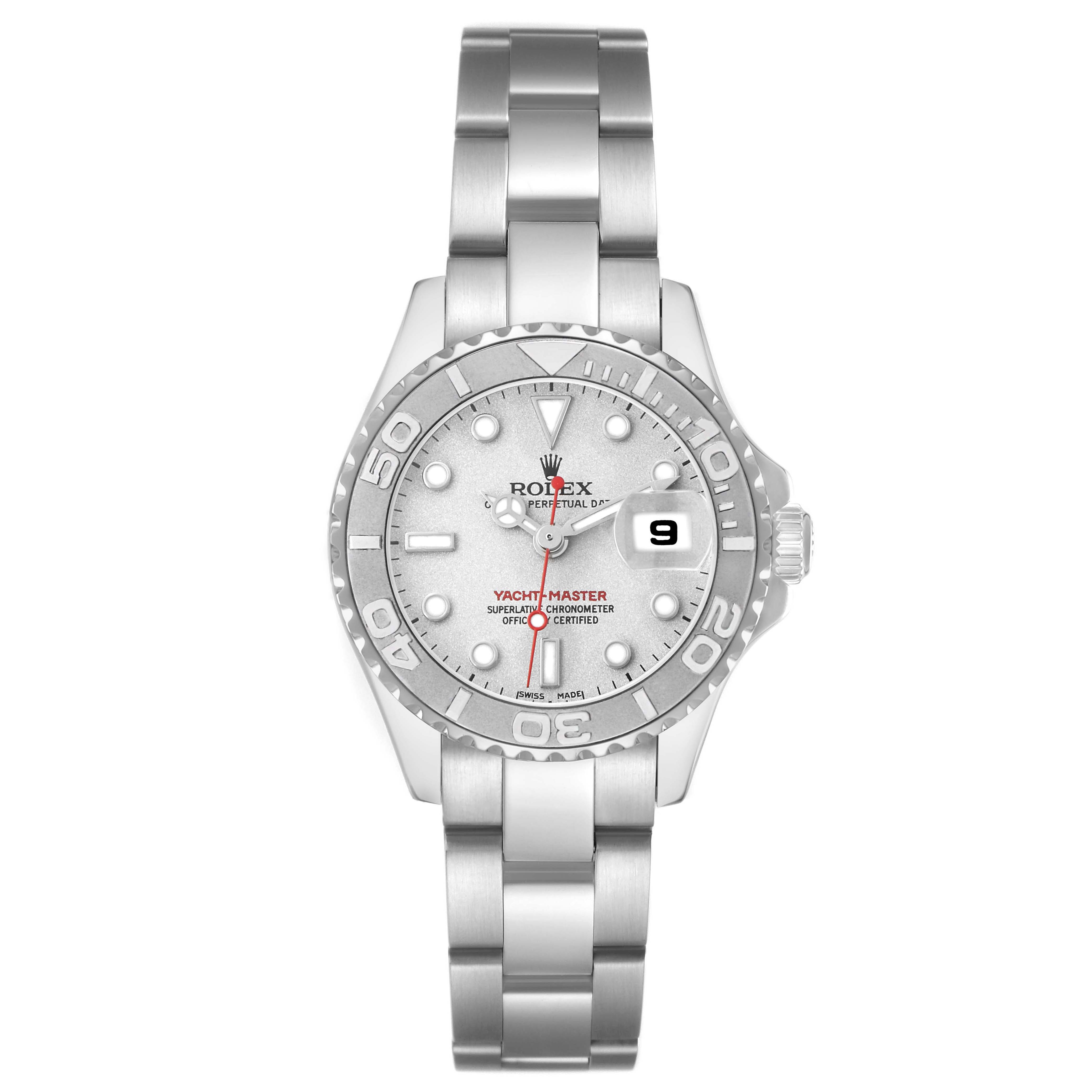 The Rolex Yacht-Master 169622 Women's Stainless Steel Silver Dial watch is shown from the front, displaying the dial, bezel, hands, and bracelet.