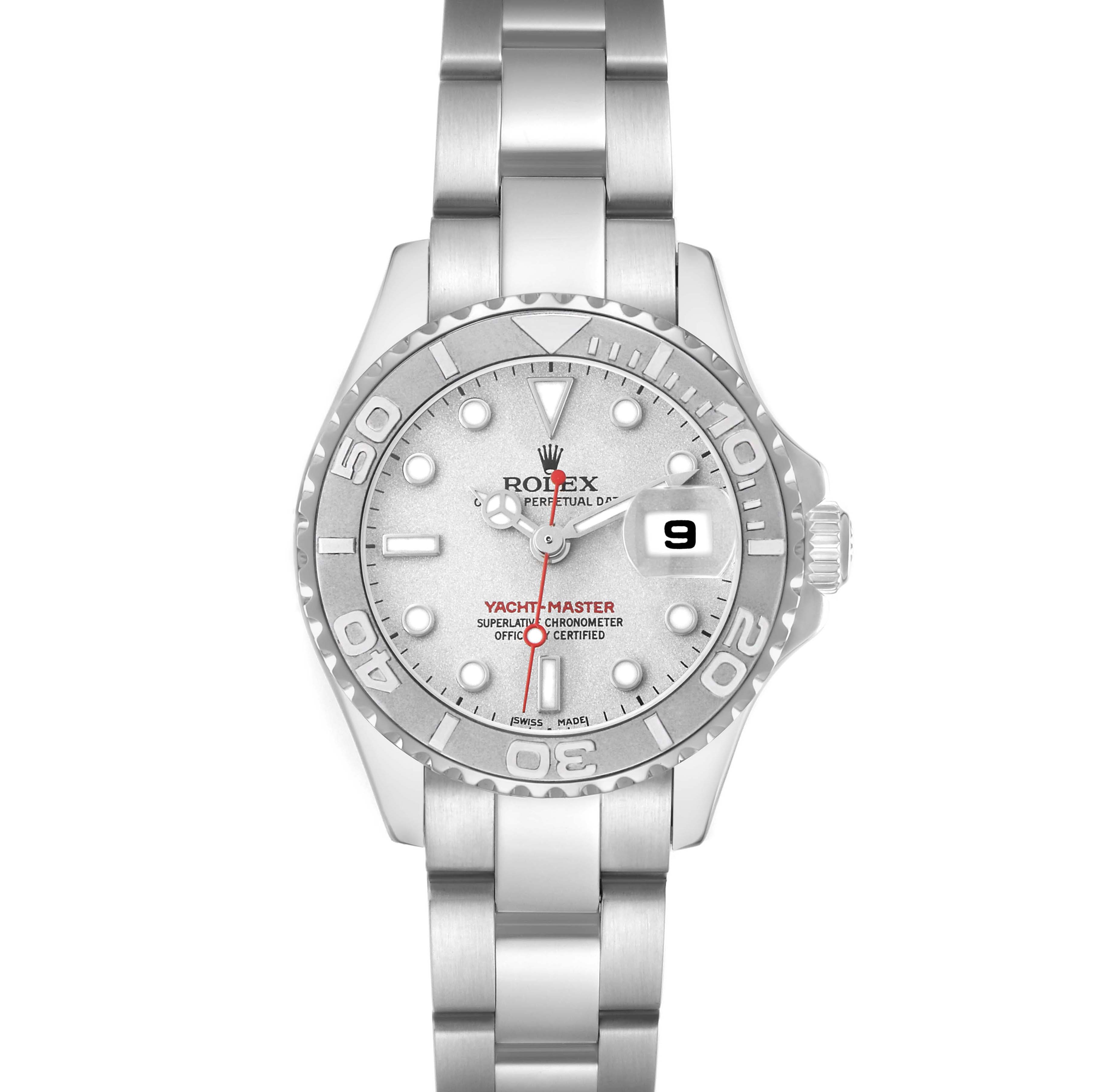 The Rolex Yacht-Master 169622 Women's Stainless Steel Silver Dial watch is shown from a top-down angle, displaying the dial, bezel, and bracelet.